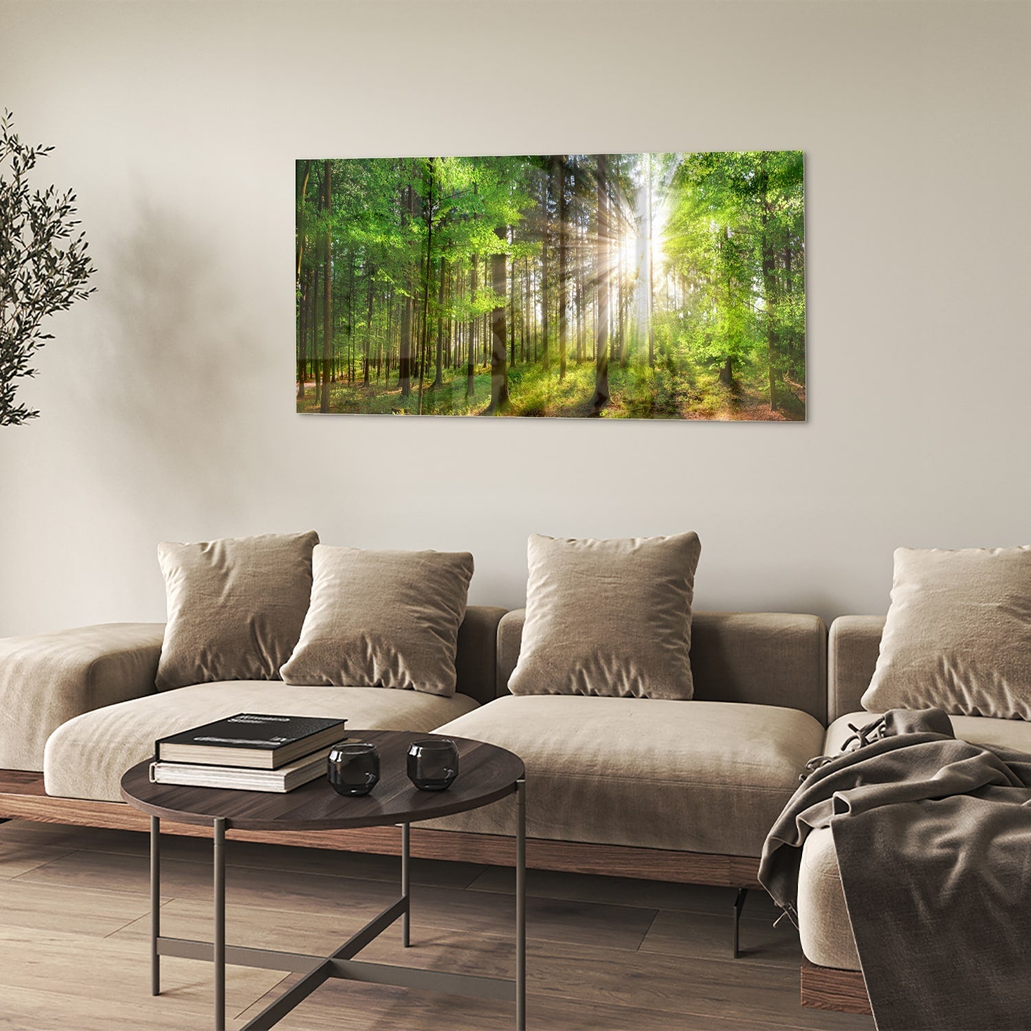 Glasbild mit sonnigem Wald für die Wohndekoration – Glasbild aus Sicherheitsglas, Größe 90x60