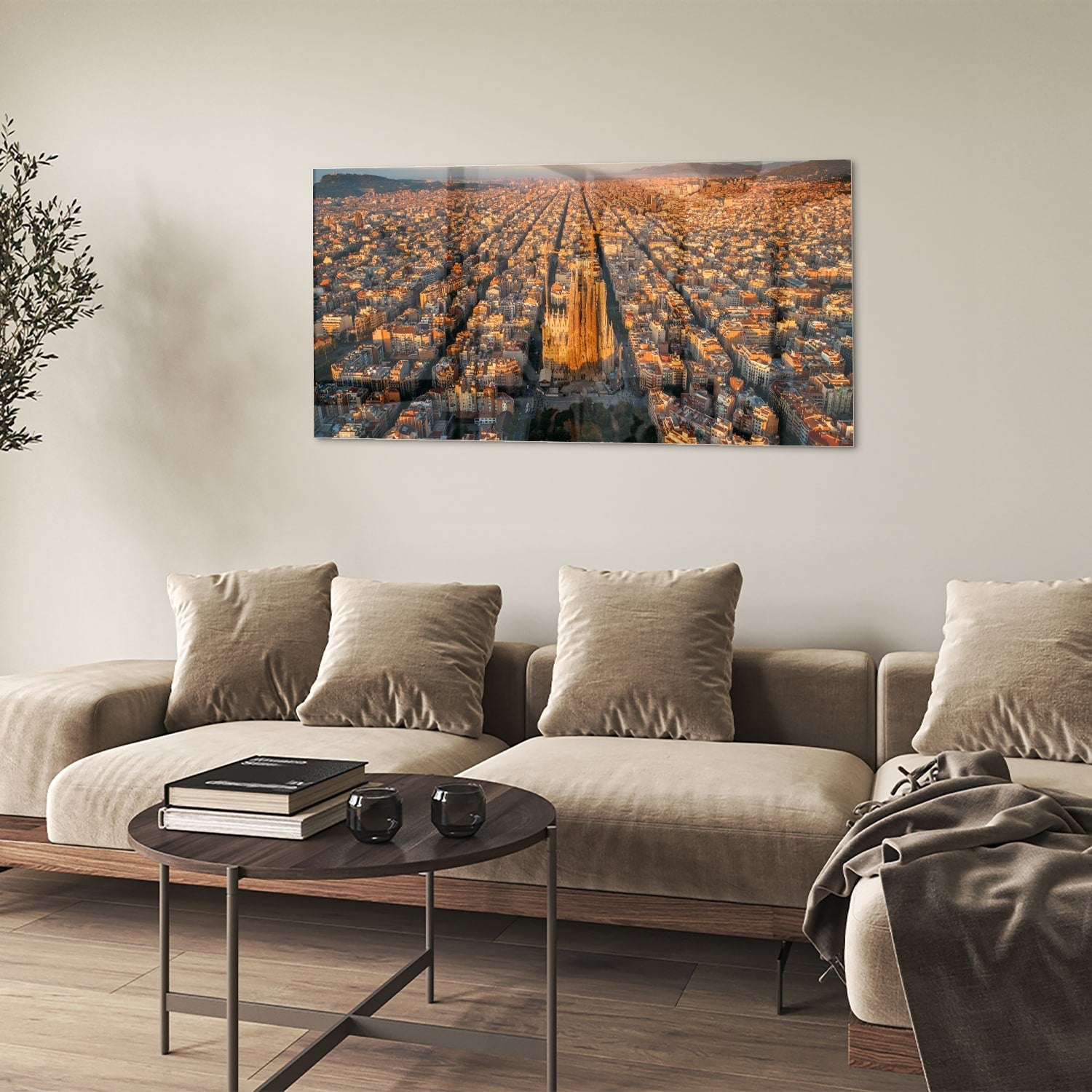 Glasbild mit atemberaubendem Stadtblick bei Sonnenuntergang – Glasbild aus Sicherheitsglas, Größe 90x60