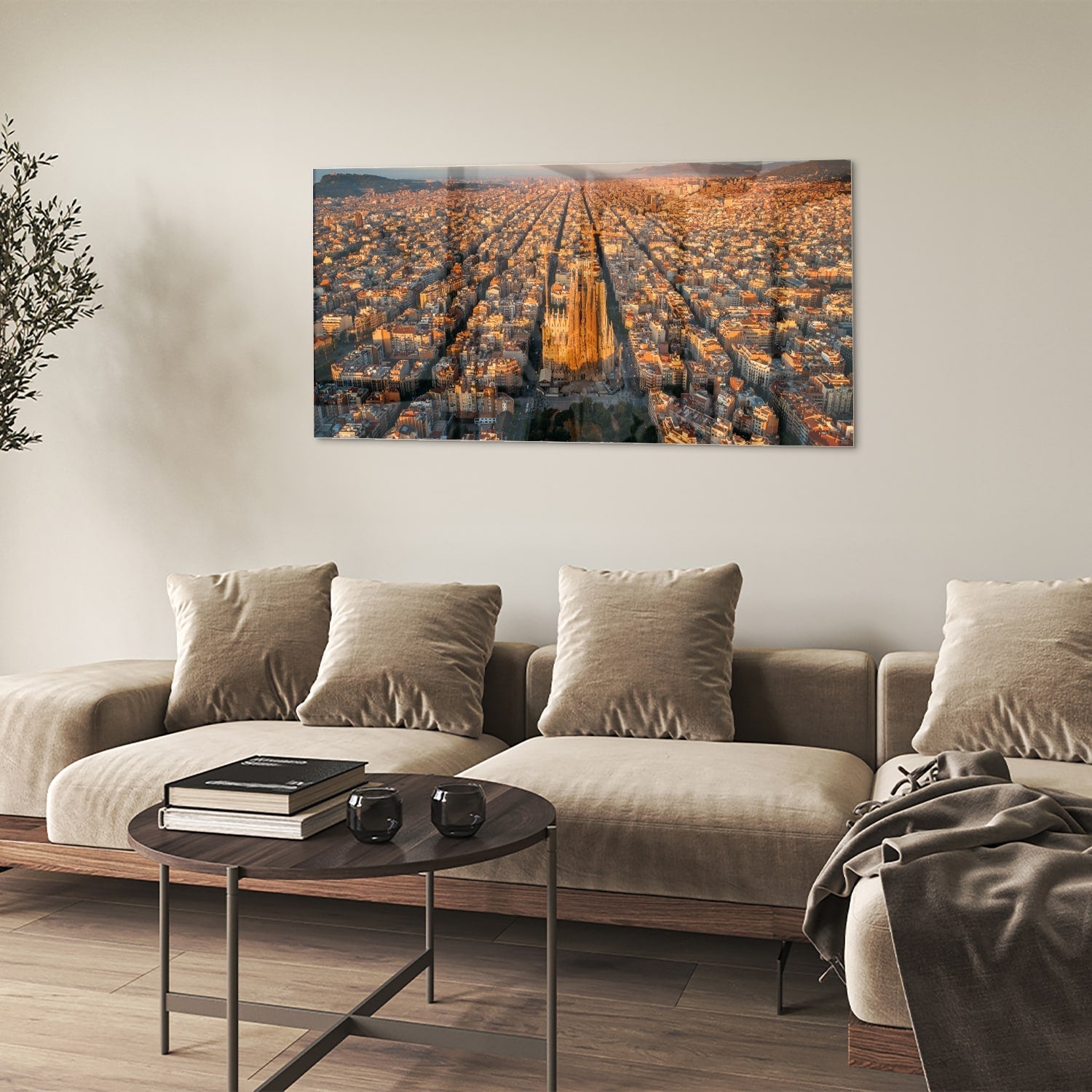 Glasbild atemberaubendes uitzicht auf stad bei Sonnenuntergang als moderne Glas-Wanddekoration aus 4 mm Sicherheitsglas