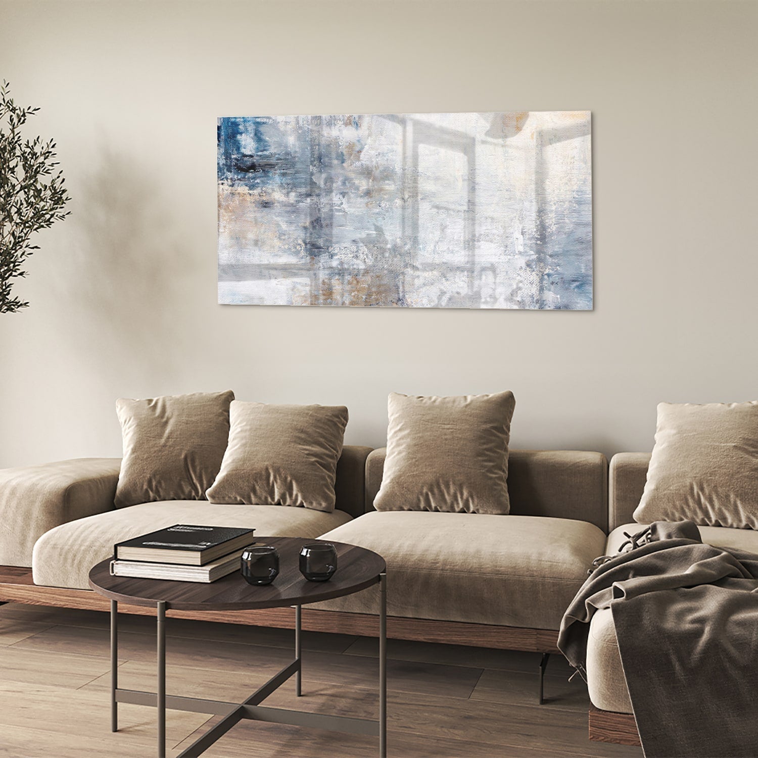 Abstraktes Glasbild mit blauen und neutralen Farbtönen – Glasbild aus Sicherheitsglas, Größe 90x60
