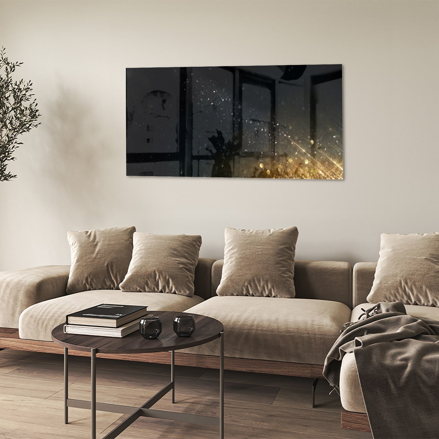 Schwarzes Glasbild mit Sternen und Lichtreflexionen – Glasbild aus Sicherheitsglas, Größe 90x60