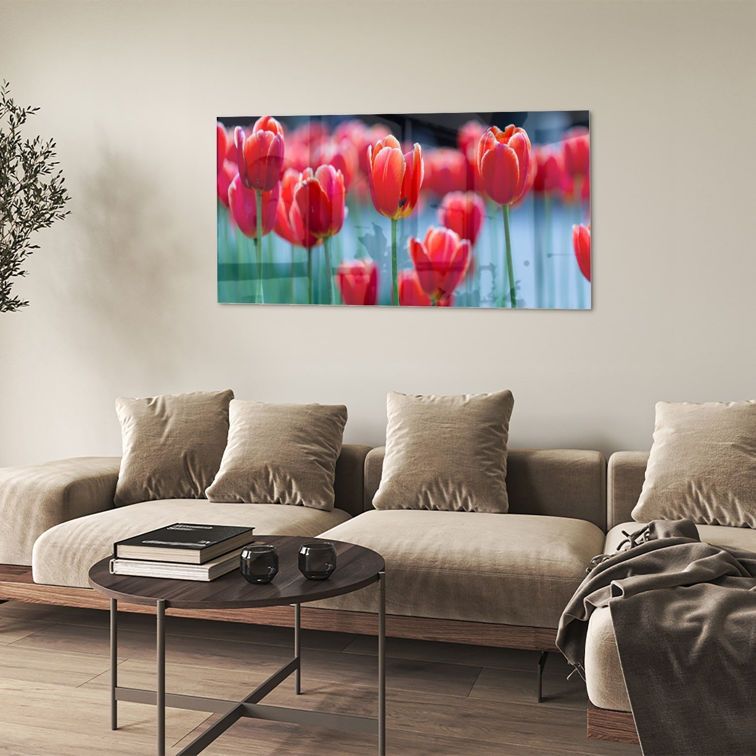 Glasbild – Lebendige rote Tulpen – Glasbild aus Sicherheitsglas, Größe 90x60