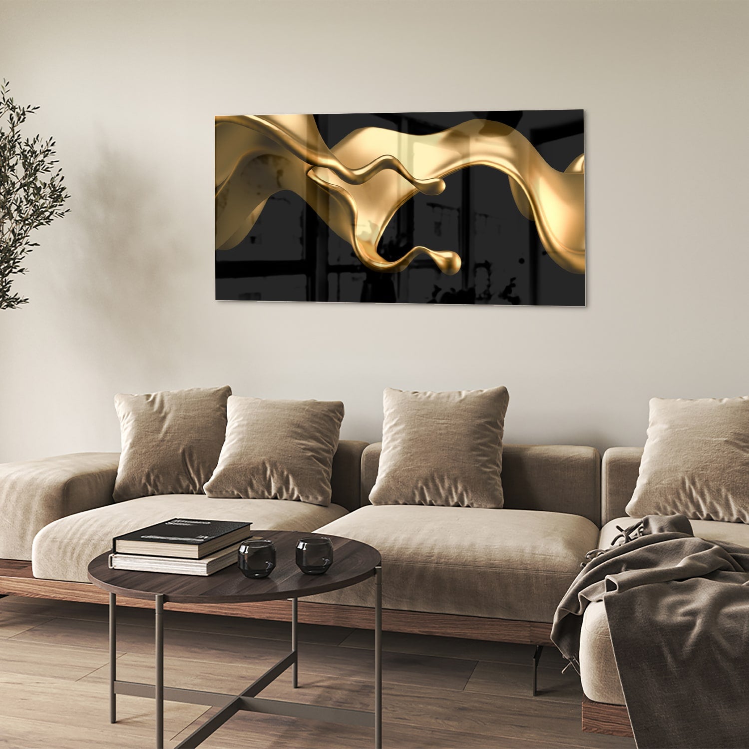 Abstraktes Glasbild mit goldener Welle für elegante Innenräume – Glasbild aus Sicherheitsglas, Größe 90x60