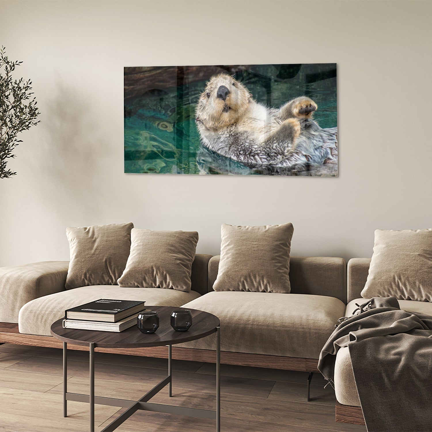 Glasbild mit schwimmendem Seeotter – Glasbild aus Sicherheitsglas, Größe 90x60