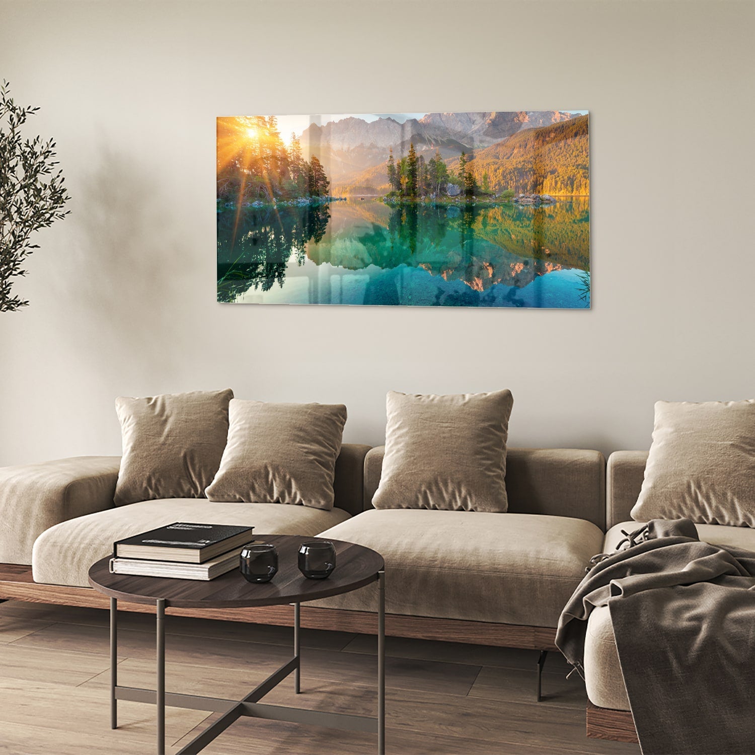 Wunderschönes Glasbild mit Berglandschaft und See – Glasbild aus Sicherheitsglas, Größe 90x60