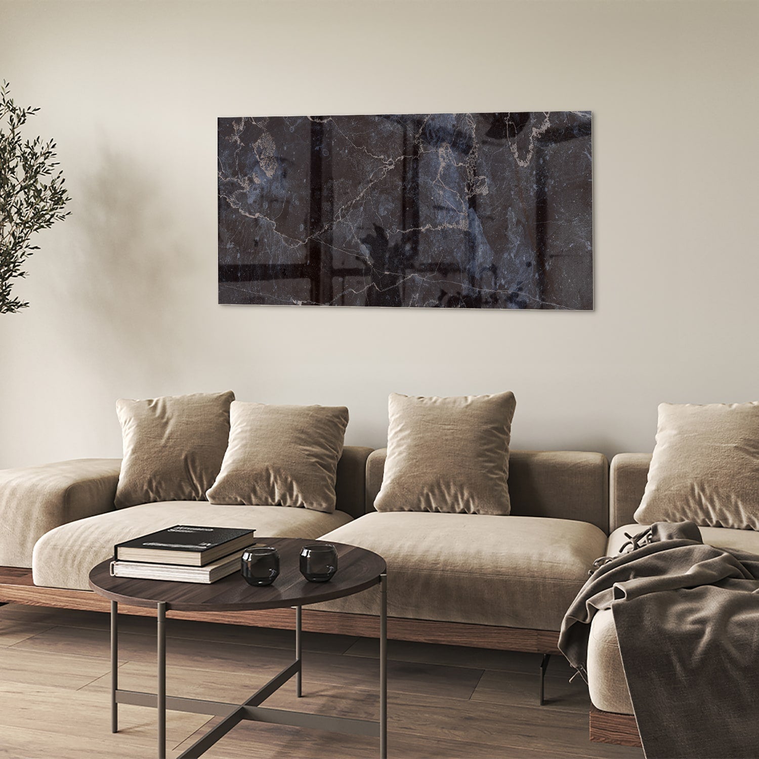 Elegantes Glasbild in dunkler Marmoroptik – Glasbild aus Sicherheitsglas, Größe 90x60