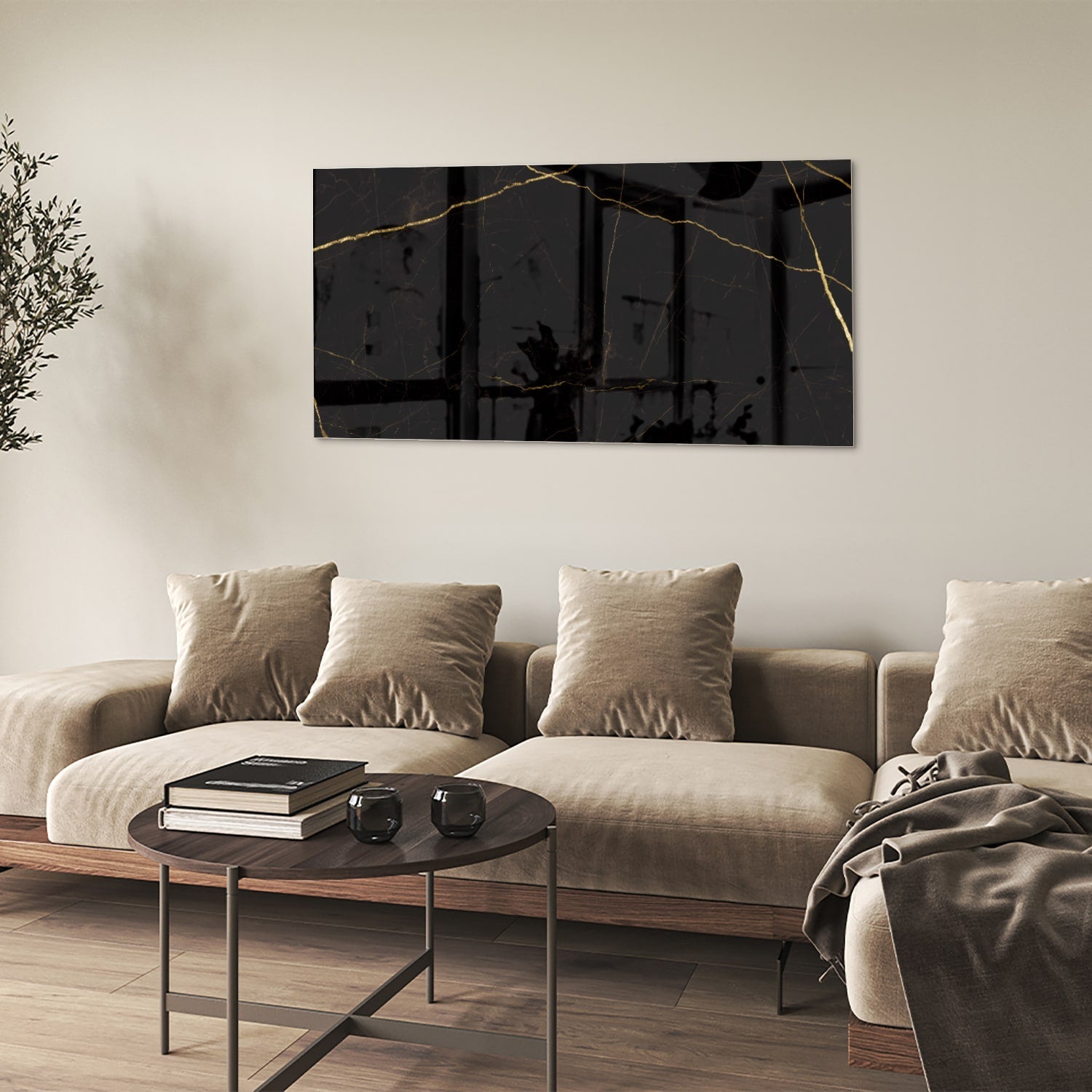 Elegantes schwarzes Glasbild mit goldenen Linien – Glasbild aus Sicherheitsglas, Größe 90x60