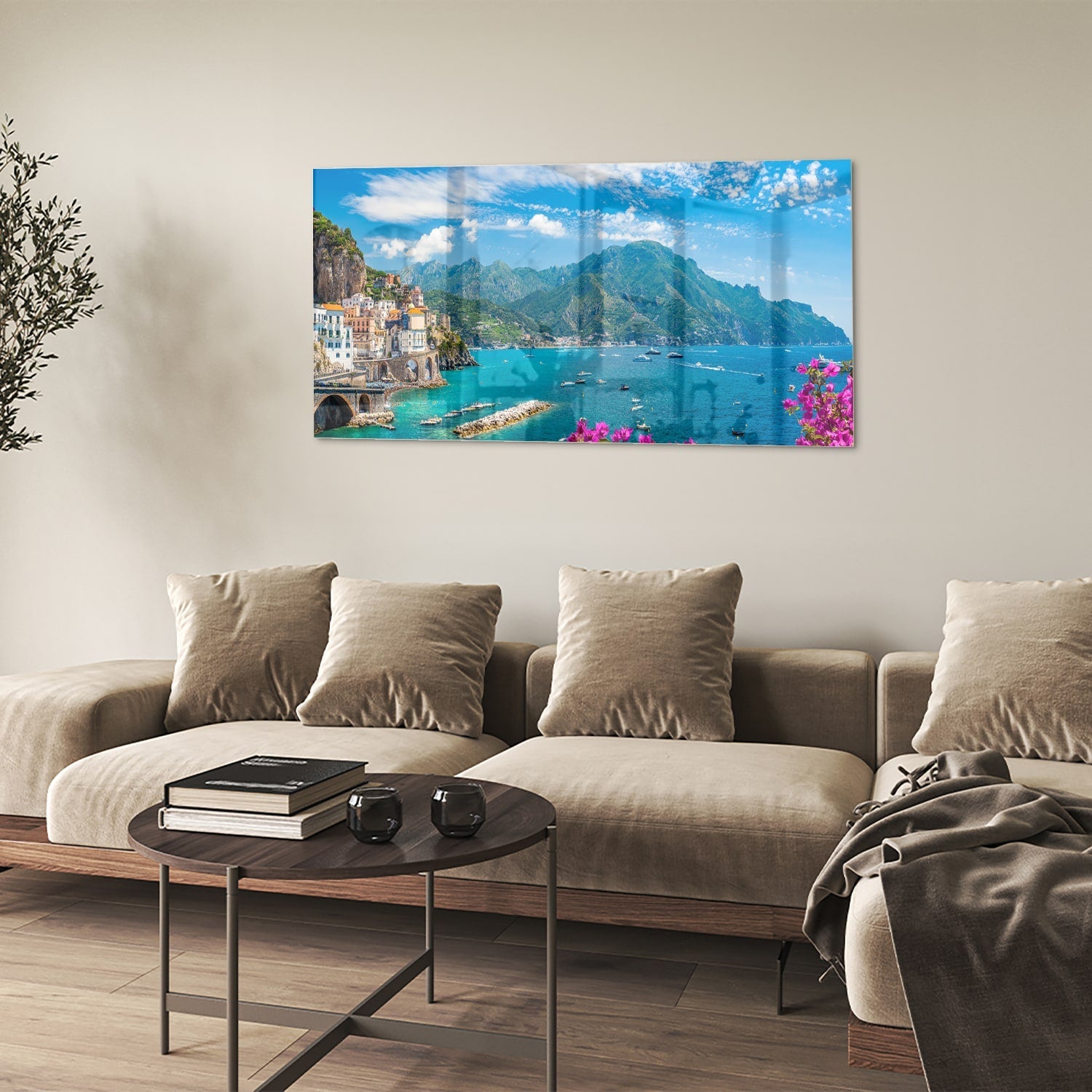 Glasbild mit blauem See und Bergen – Glasbild aus Sicherheitsglas, Größe 90x60