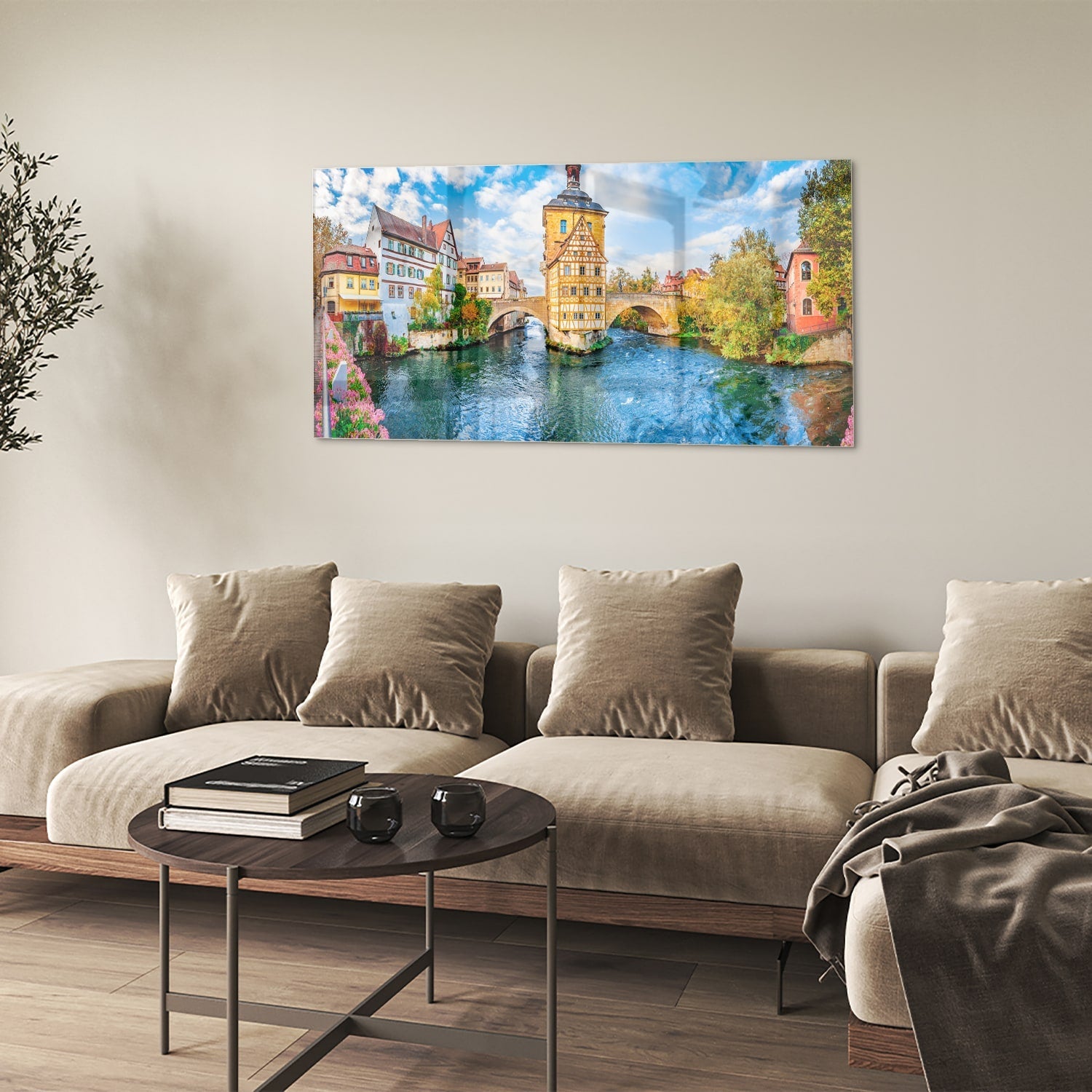 Glasbild mit malerischem Städtchen am Wasser – Glasbild aus Sicherheitsglas, Größe 90x60