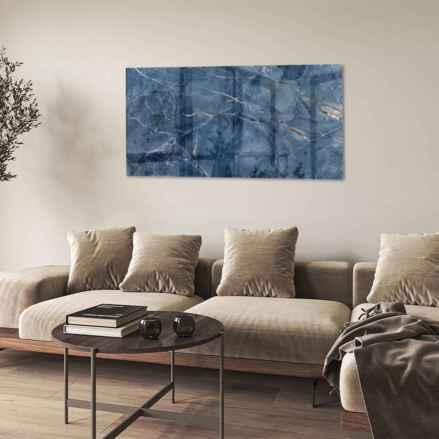 Blaues Glasbild mit Marmoroptik – Glasbild aus Sicherheitsglas, Größe 90x60