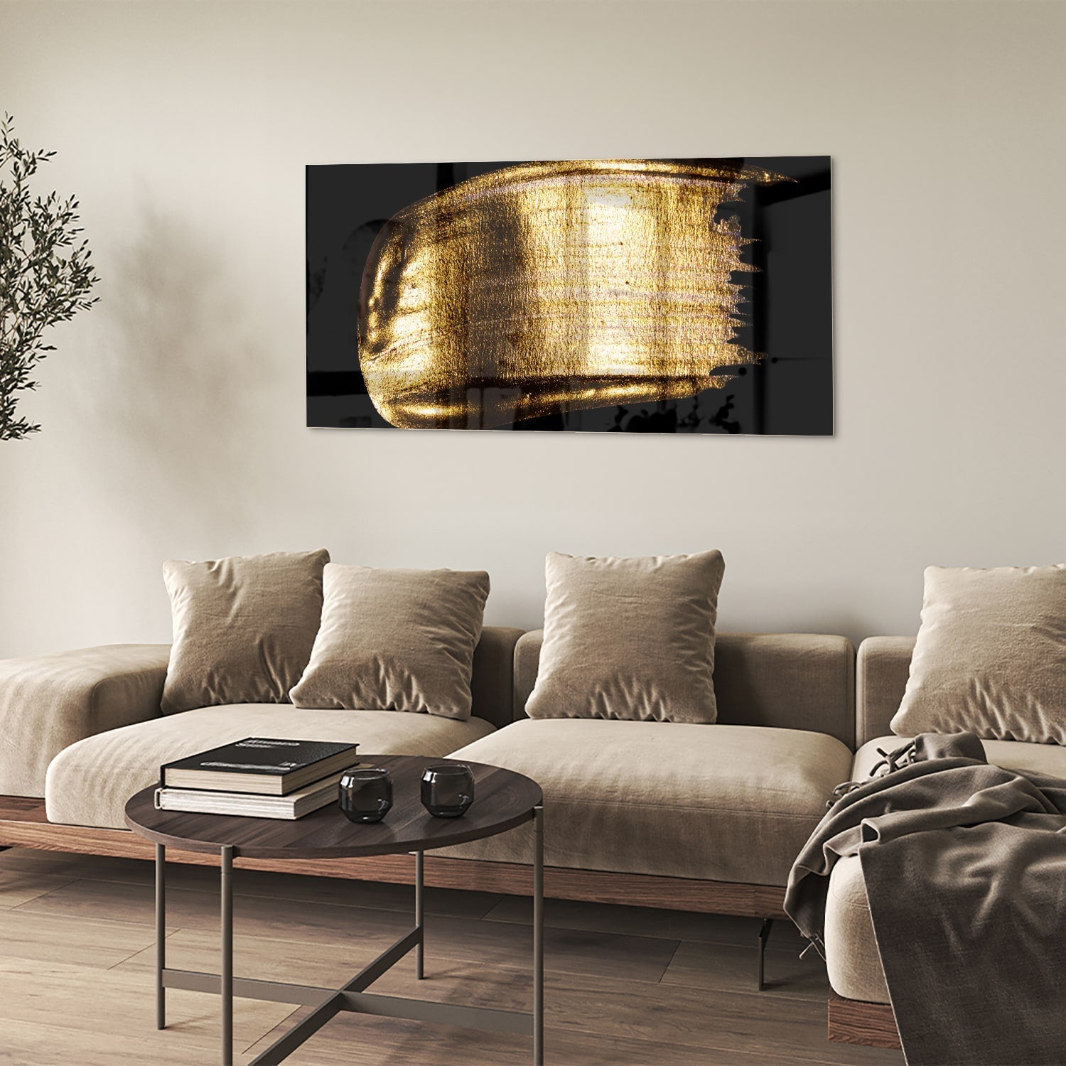 Goldenes abstraktes Glasbild auf schwarzem Hintergrund – Glasbild aus Sicherheitsglas, Größe 90x60