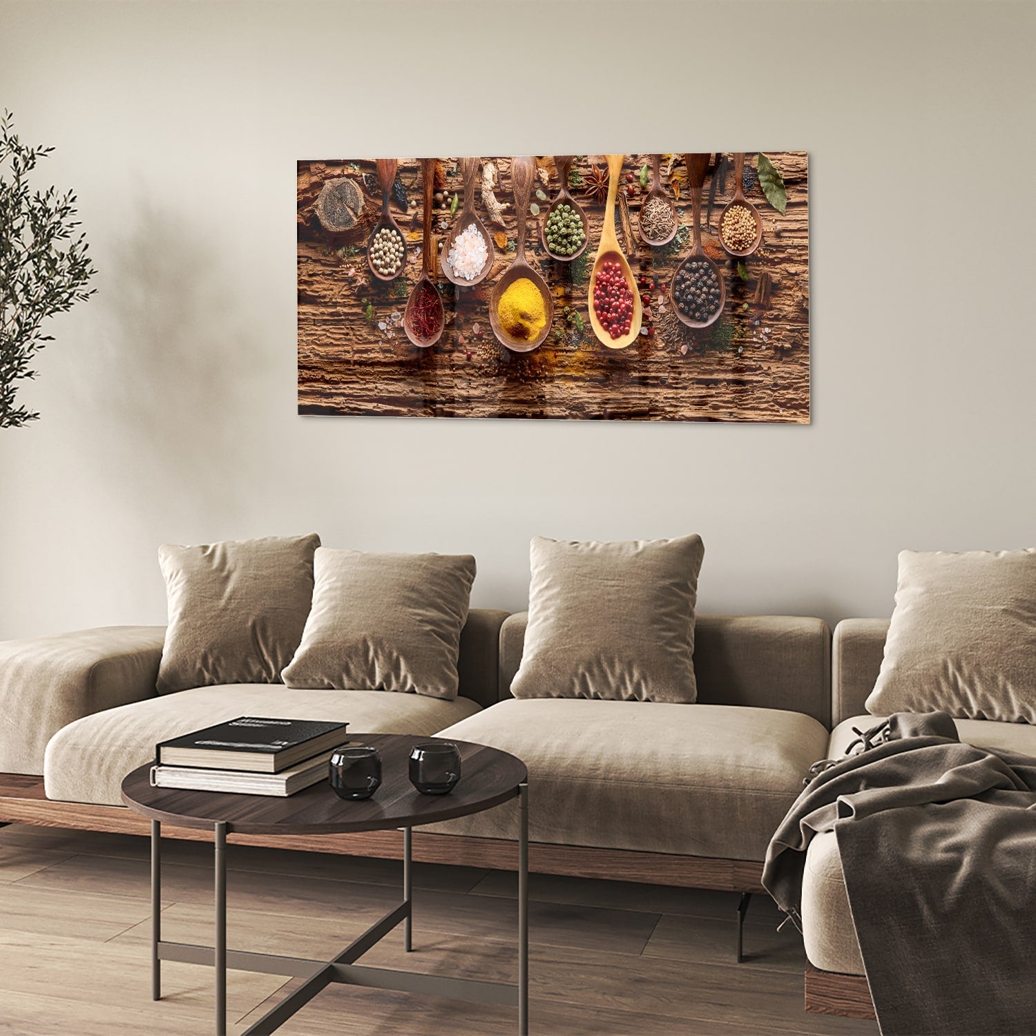 Buntes Glasbild mit Gewürzen und Löffelmotiven – Glasbild aus Sicherheitsglas, Größe 90x60
