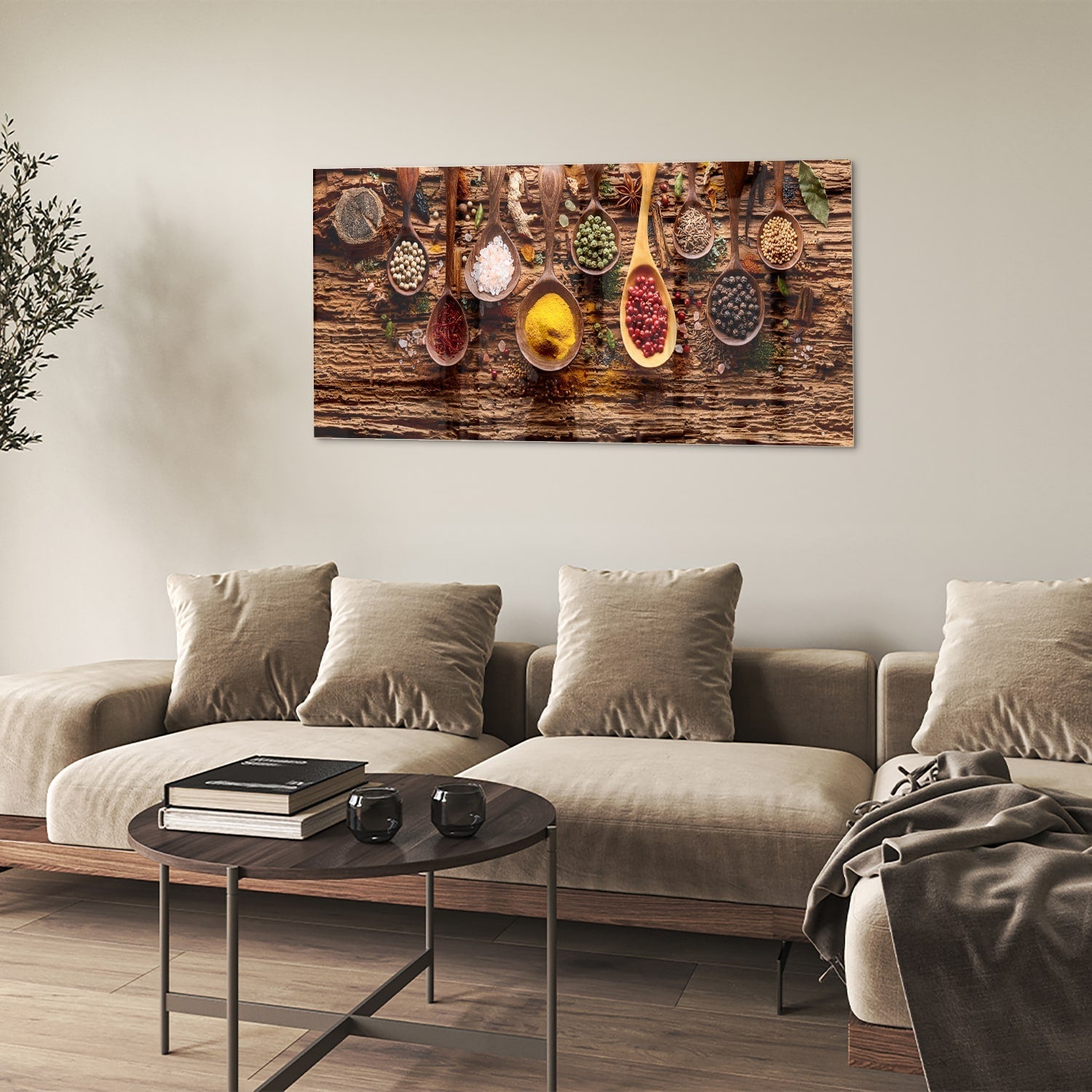 Bunte Glasbild mit Gewürze lepelmotieven als moderne Glas-Wanddekoration aus 4 mm Sicherheitsglas