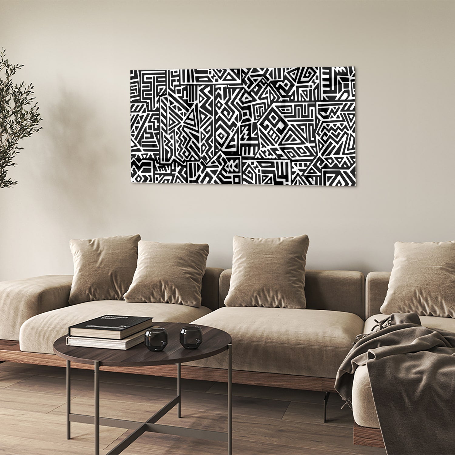 Schwarz-Weiß-Glasbild mit modernem Muster – Glasbild aus Sicherheitsglas, Größe 90x60