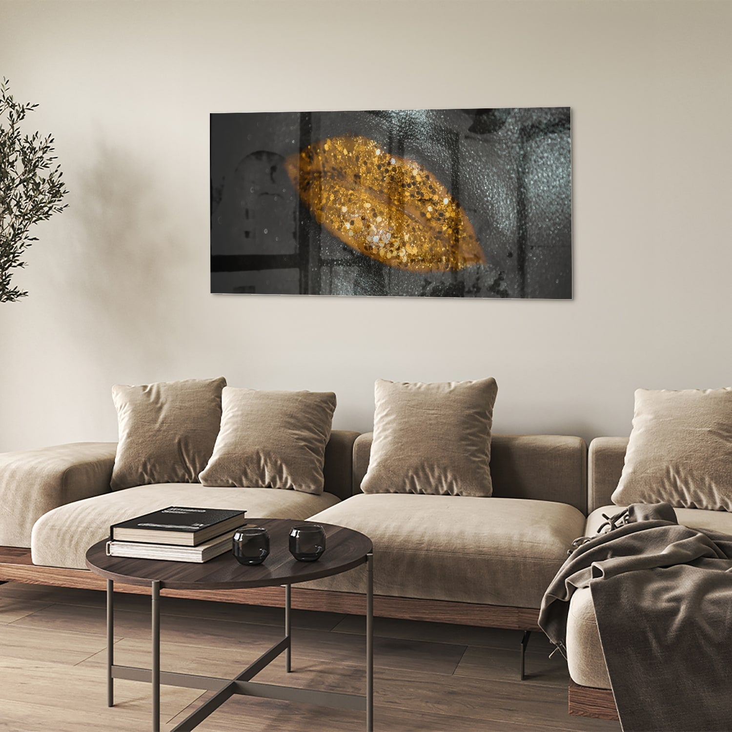 Glasbild mit goldenem Blatt für Ihr Interieur – Glasbild aus Sicherheitsglas, Größe 90x60