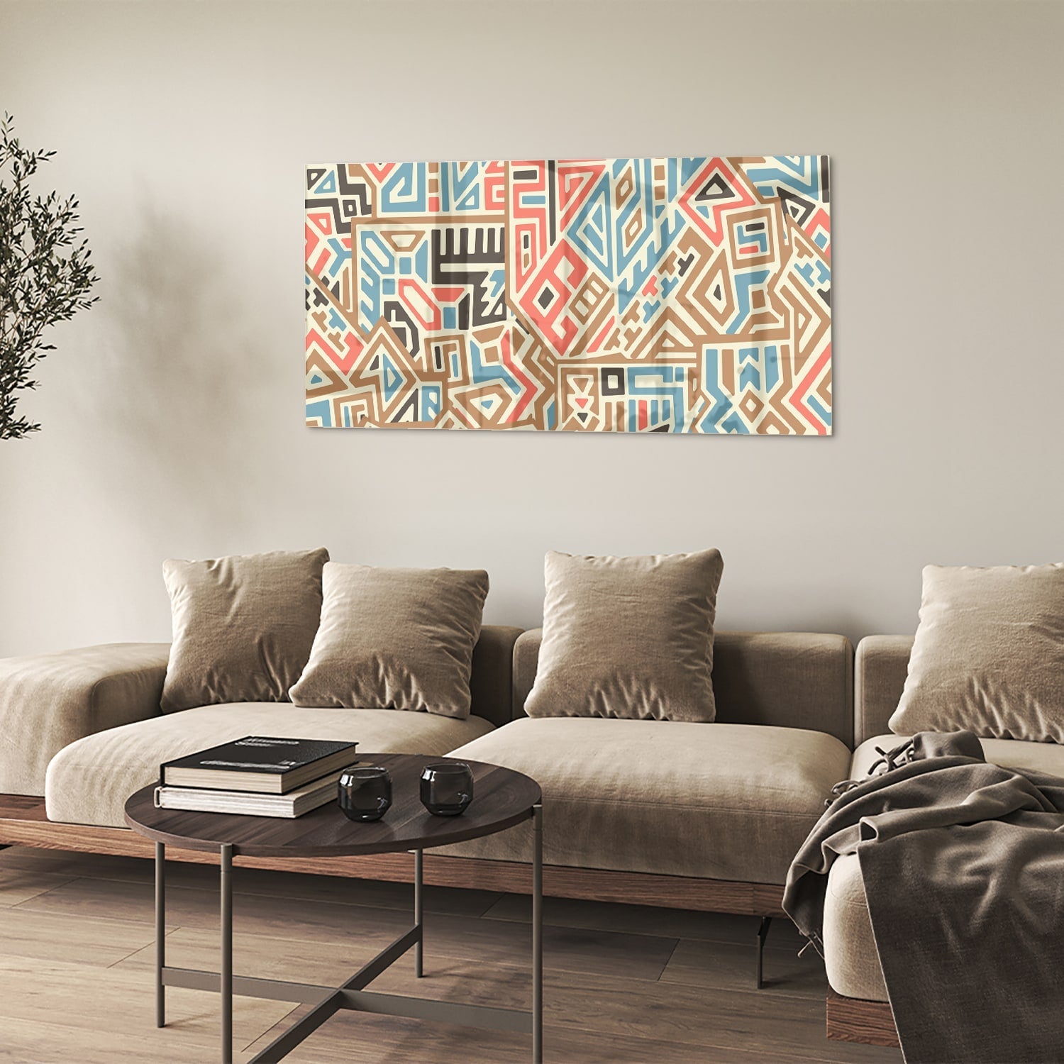 Abstraktes Glasbild mit farbenfrohen geometrischen Mustern – Glasbild aus Sicherheitsglas, Größe 90x60