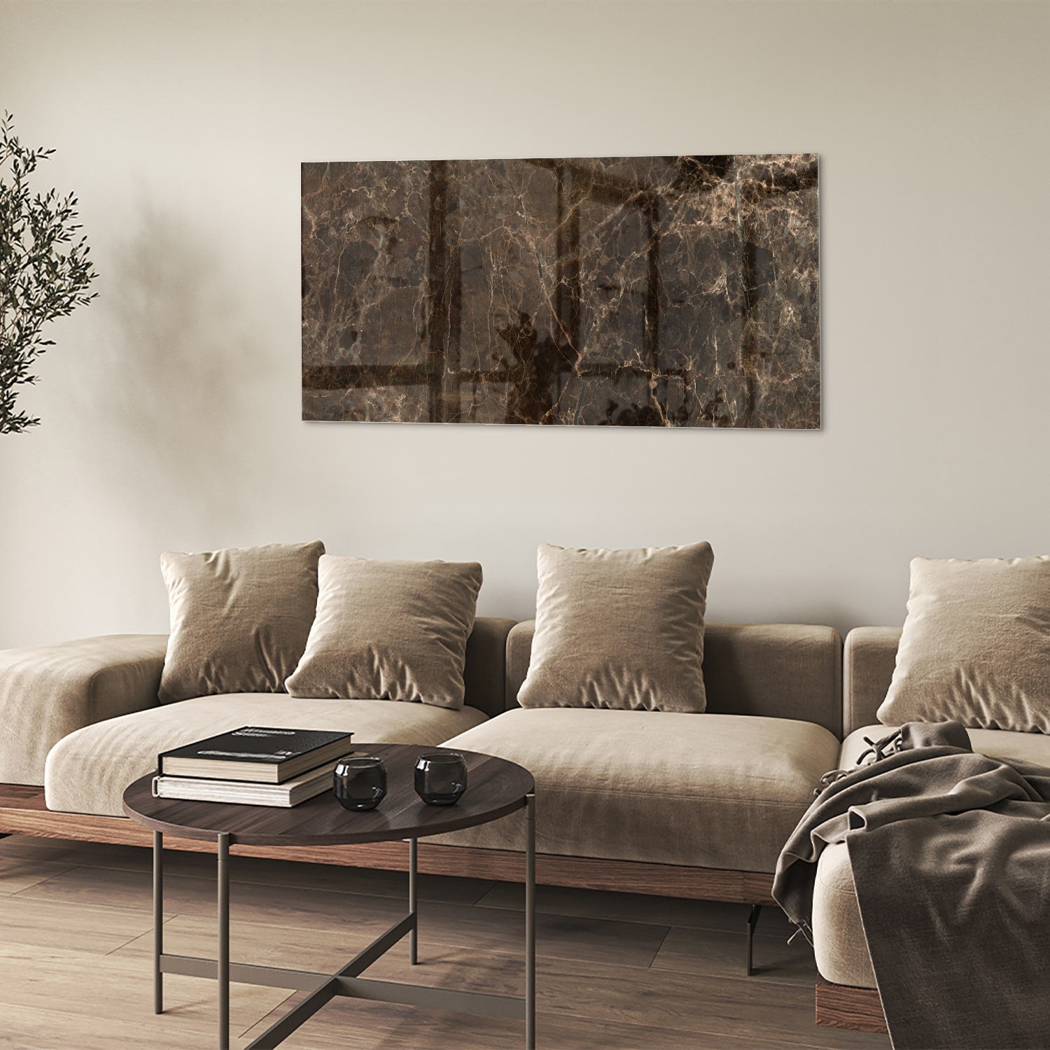Glasbild mit Marmormotiv in braun – Glasbild aus Sicherheitsglas, Größe 90x60