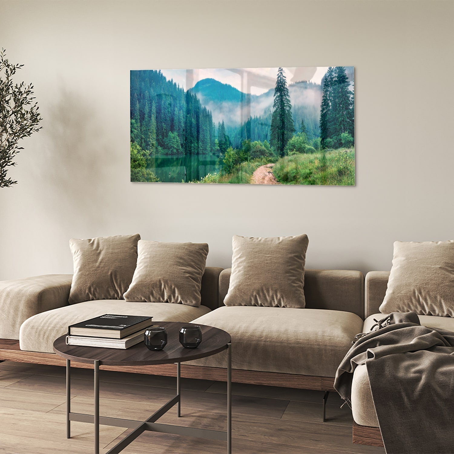 Stimmungsvolles Glasbild mit einer Berglandschaft – Glasbild aus Sicherheitsglas, Größe 90x60