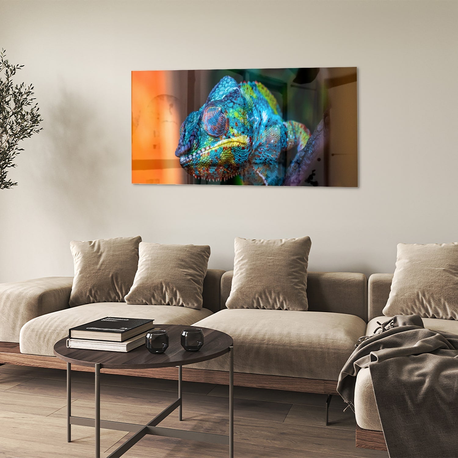 Farbenfrohes Chamäleon-Glasbild für Ihr Interieur – Glasbild aus Sicherheitsglas, Größe 90x60