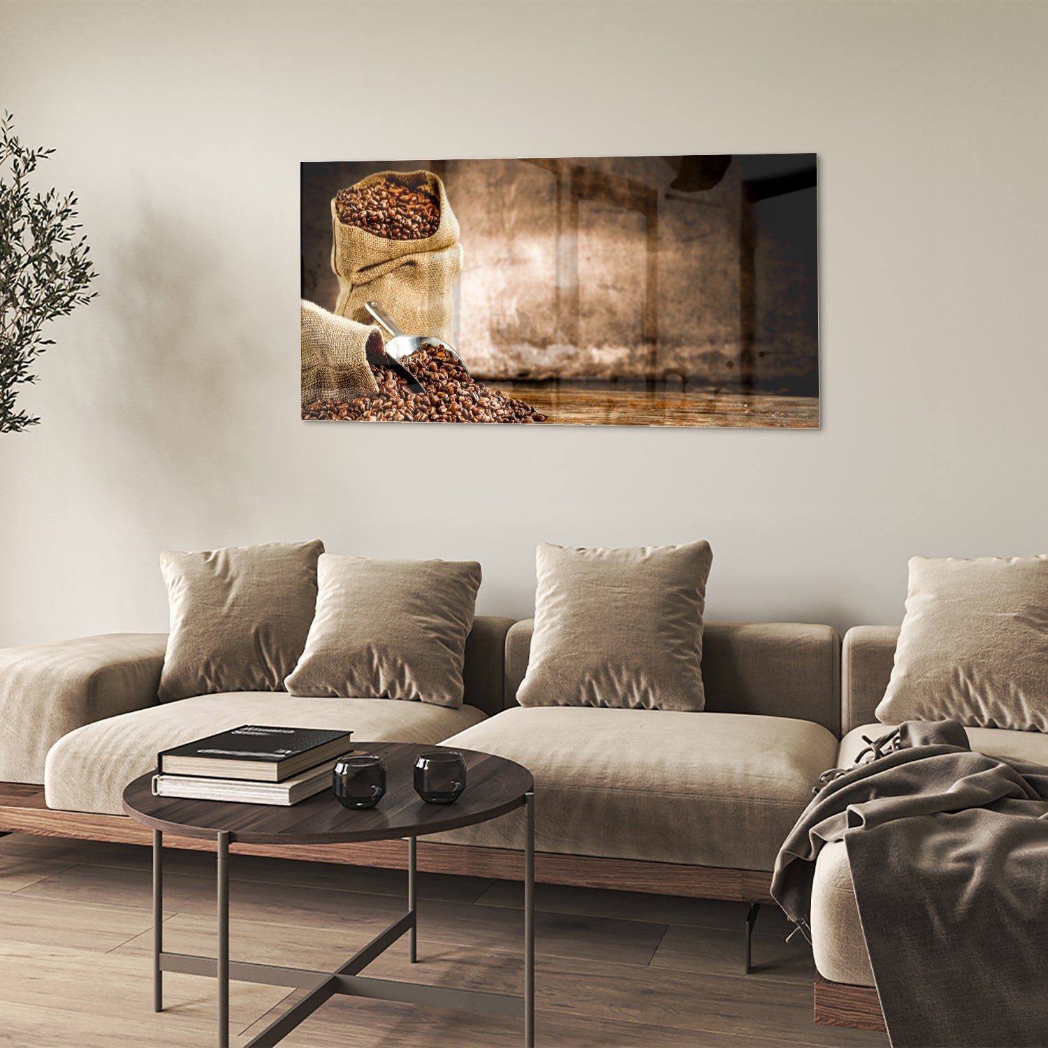 Glasbild mit Kaffee und Natur – Glasbild aus Sicherheitsglas, Größe 90x60