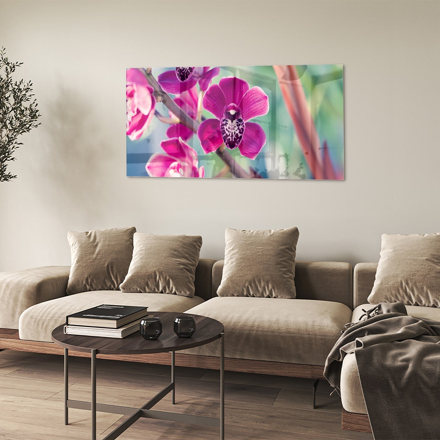 Wunderschönes Glasbild mit violetten Orchideen – Glasbild aus Sicherheitsglas, Größe 90x60