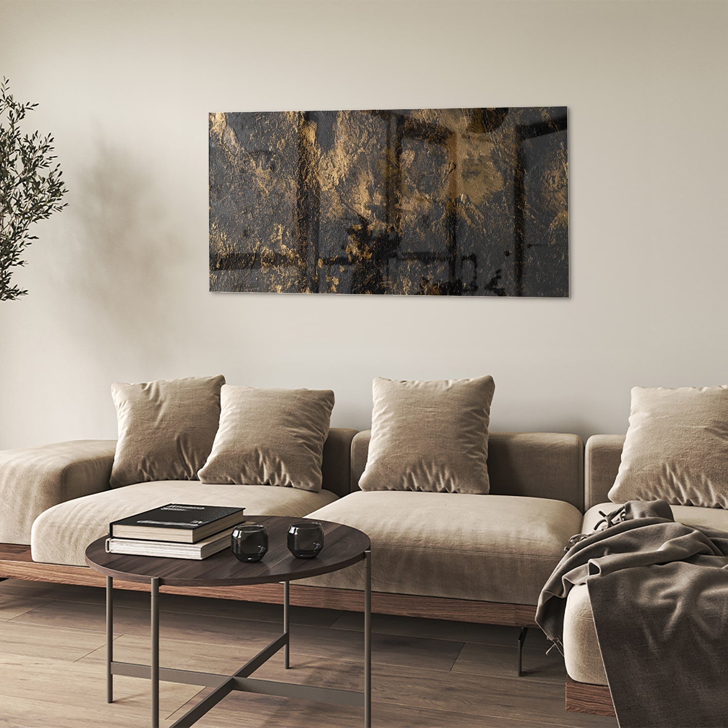 Modernes Glasbild mit goldenen Akzenten – Glasbild aus Sicherheitsglas, Größe 90x60