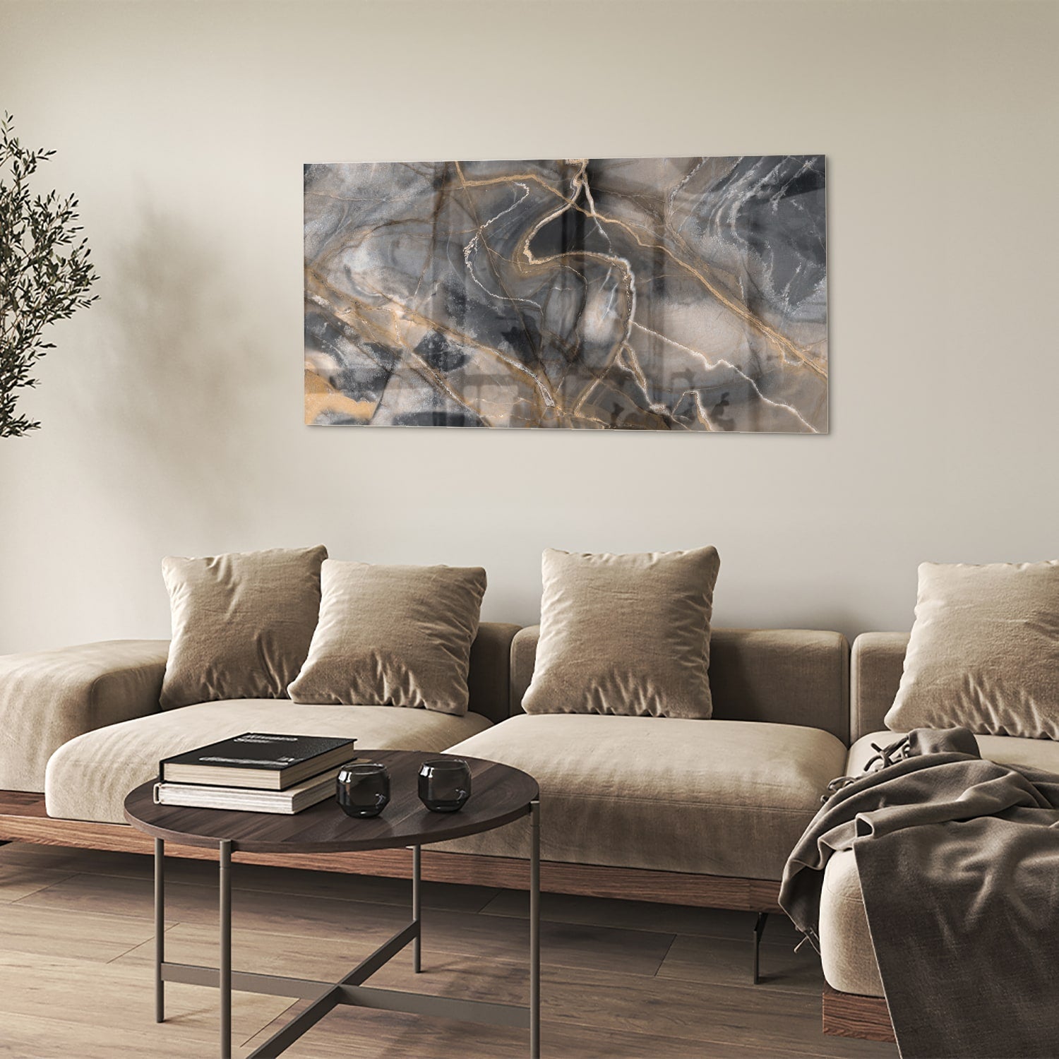 Modernes Glasbild mit abstrakten Linien in Schwarz und Gold – Glasbild aus Sicherheitsglas, Größe 90x60