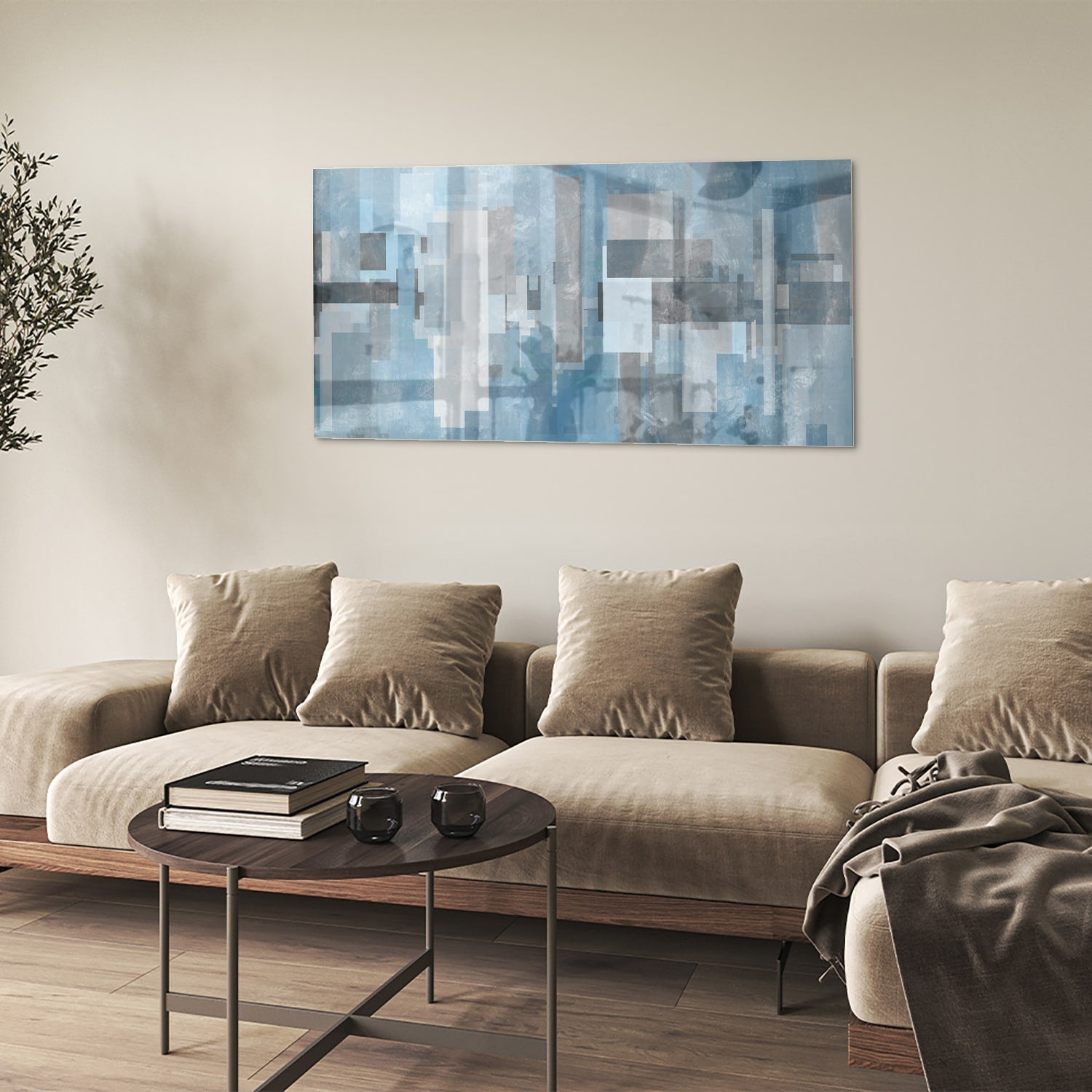 Abstraktes Glasbild in Blau und Grau – Glasbild aus Sicherheitsglas, Größe 90x60