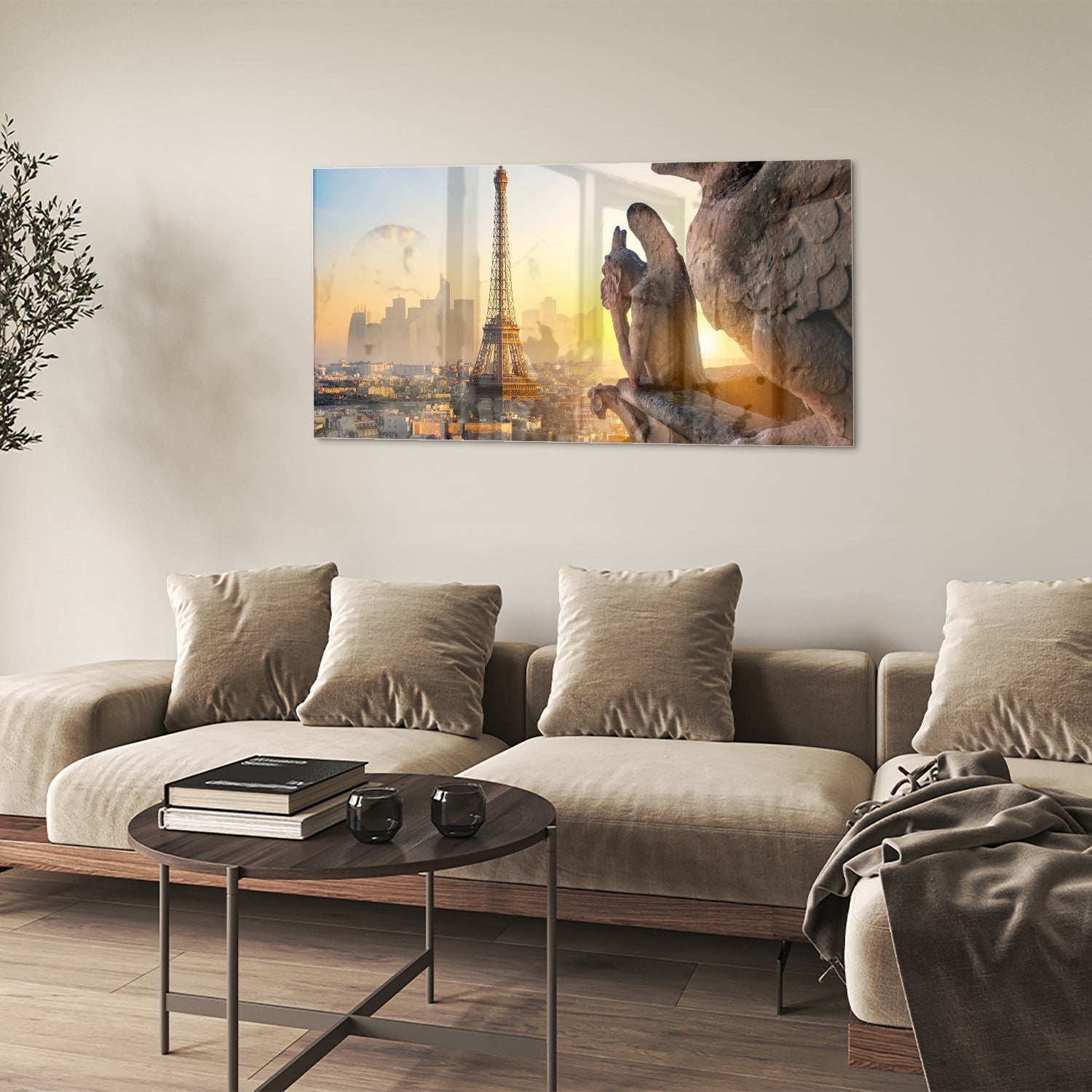 Glasbild mit dem Eiffelturm bei Sonnenuntergang – Glasbild aus Sicherheitsglas, Größe 90x60