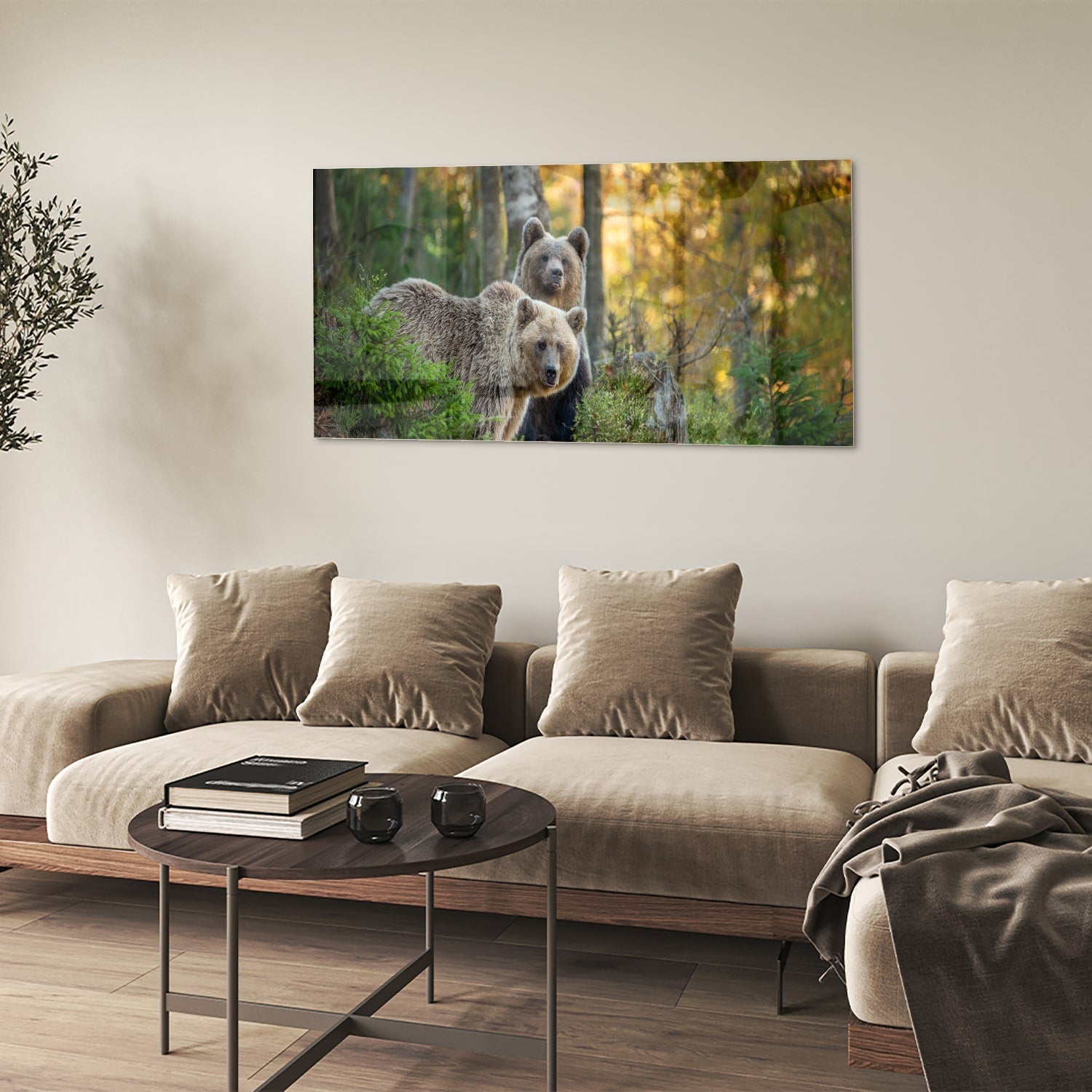 Glasbild mit zwei niedlichen Bären im Wald – Glasbild aus Sicherheitsglas, Größe 90x60