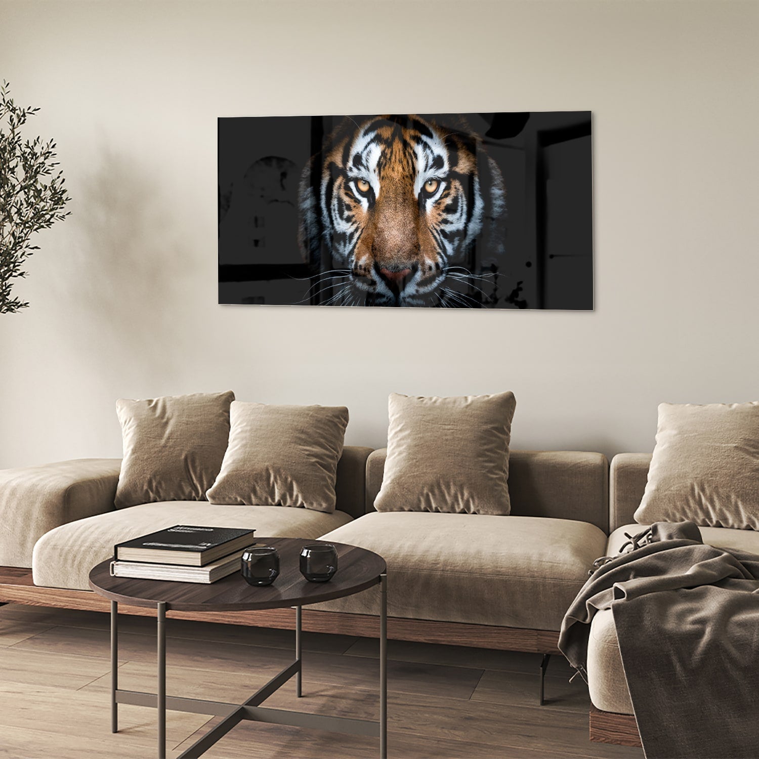 Beeindruckendes Glasbild mit einem Tigergesicht – Glasbild aus Sicherheitsglas, Größe 90x60