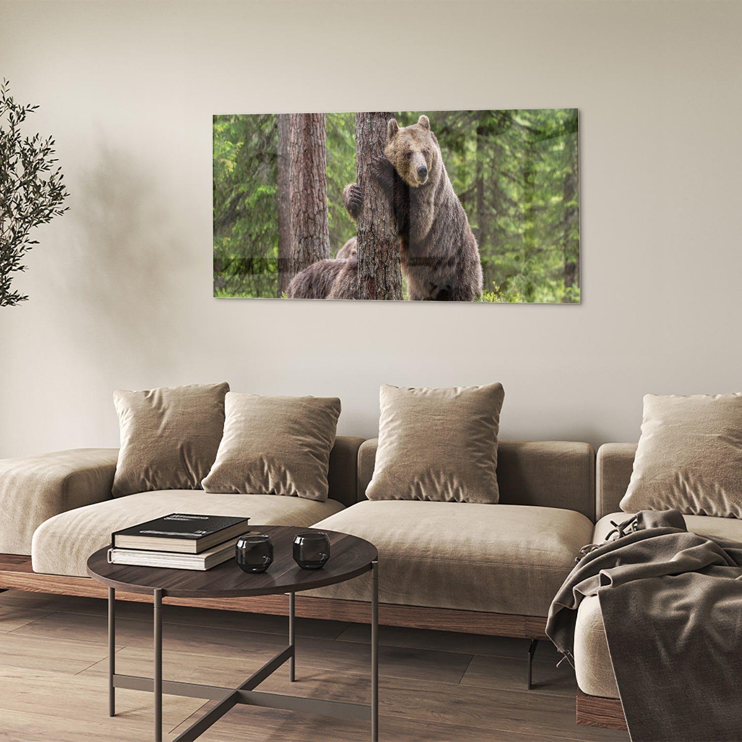 Glasbild mit beeindruckenden Grizzlybären in der Wildnis – Glasbild aus Sicherheitsglas, Größe 90x60