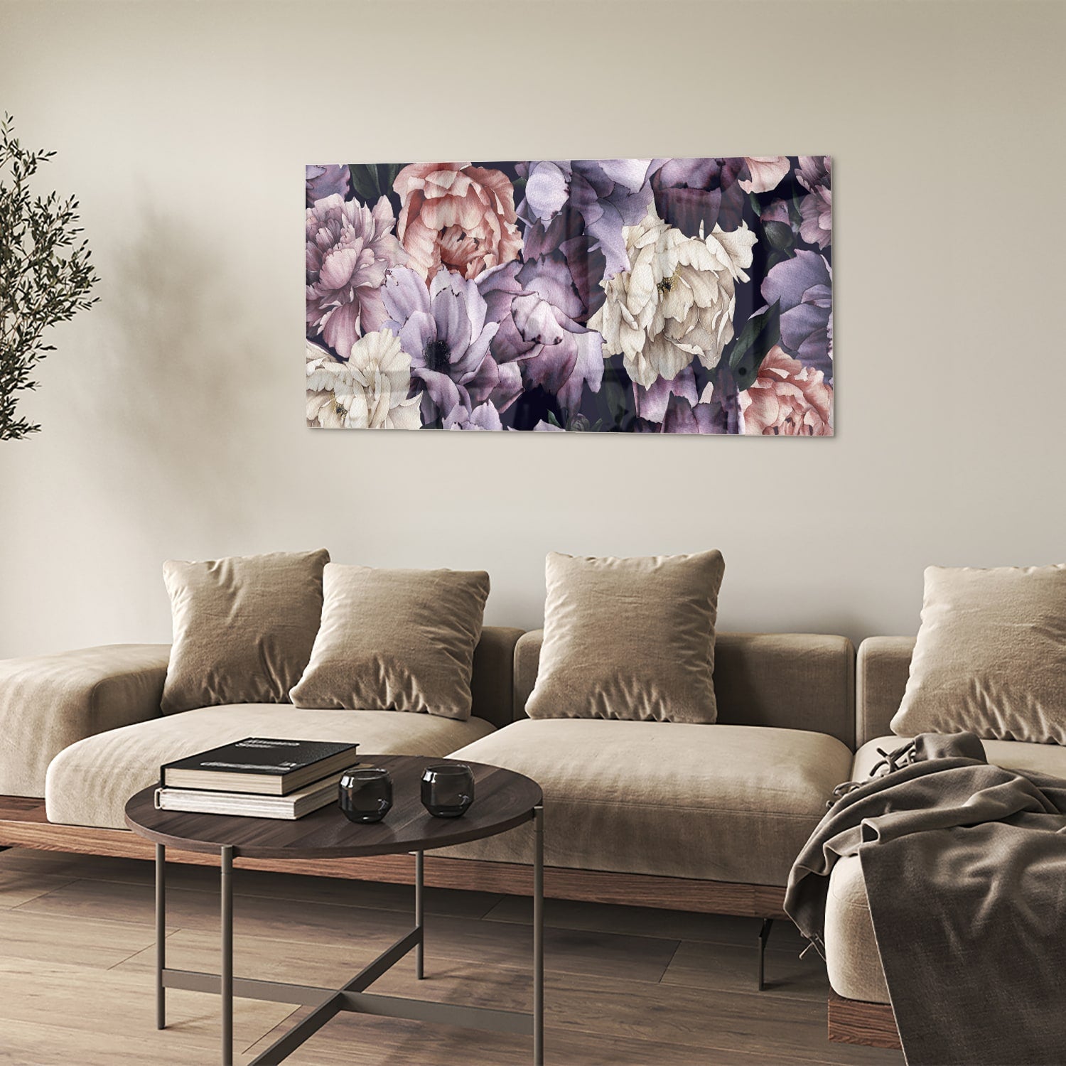 Glasbild mit wunderschönen violetten Blumen – Glasbild aus Sicherheitsglas, Größe 90x60