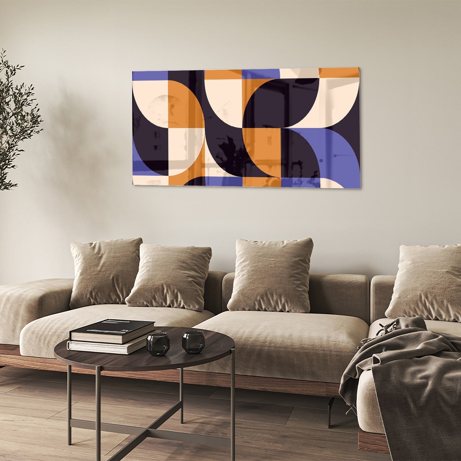 Abstraktes Glasbild in blauen und Orangetönen – Glasbild aus Sicherheitsglas, Größe 90x60