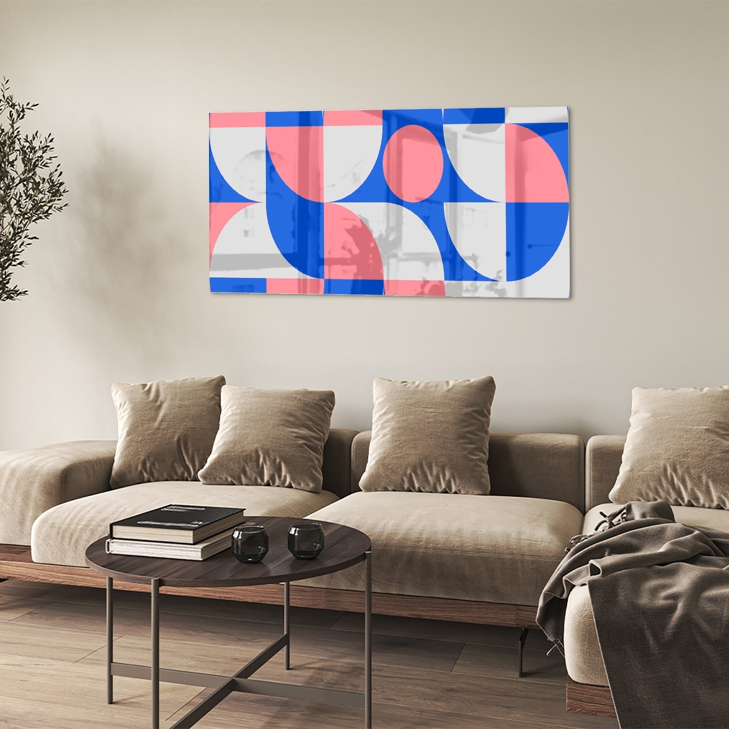 Abstraktes Glasbild mit blauen und rosa Farbtönen – Glasbild aus Sicherheitsglas, Größe 90x60