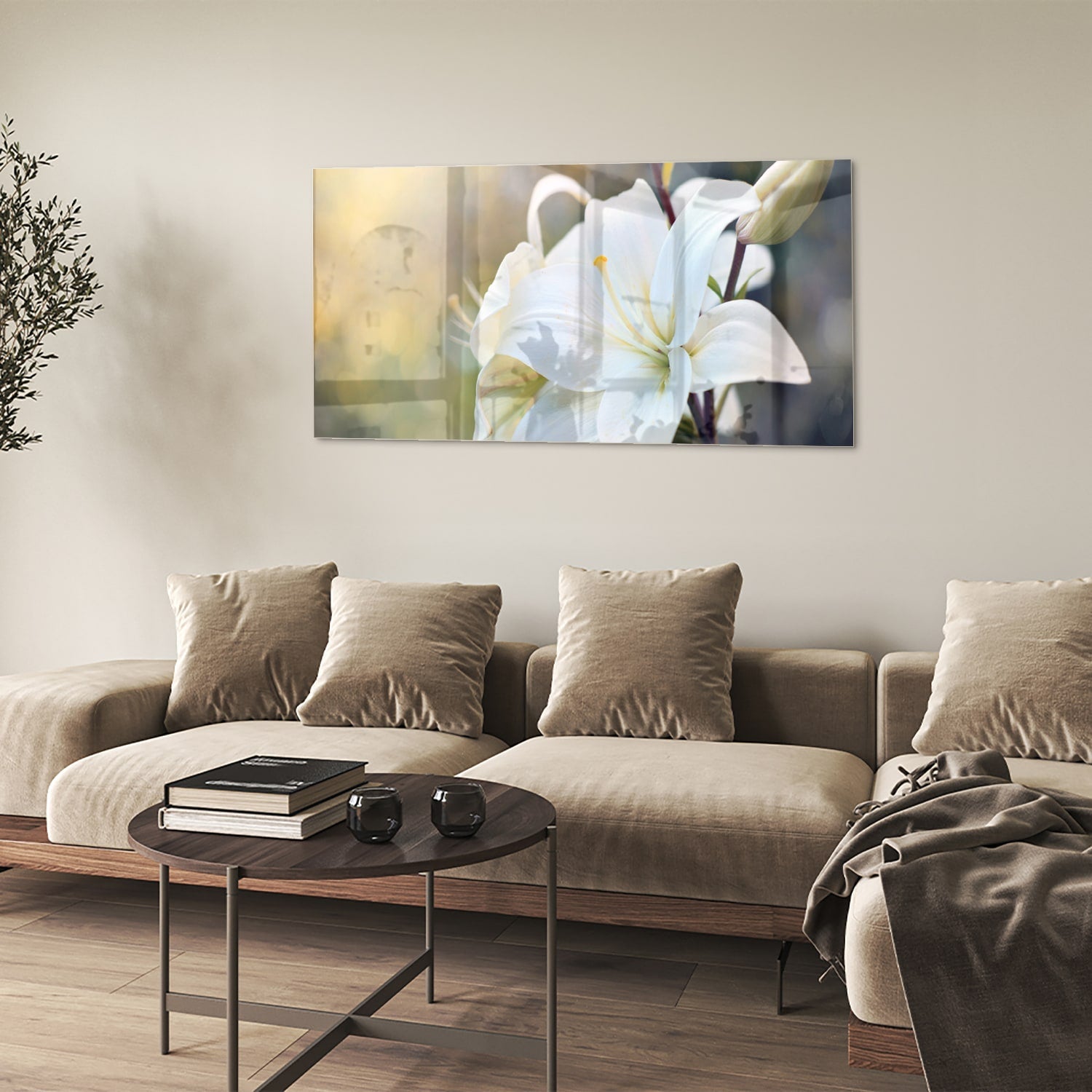 Elegantes Glasbild mit weißer Lilie – Glasbild aus Sicherheitsglas, Größe 90x60