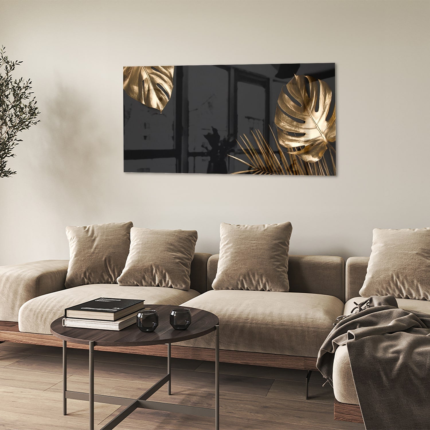 Glänzendes Glasbild mit goldenen Blättern – Glasbild aus Sicherheitsglas, Größe 90x60