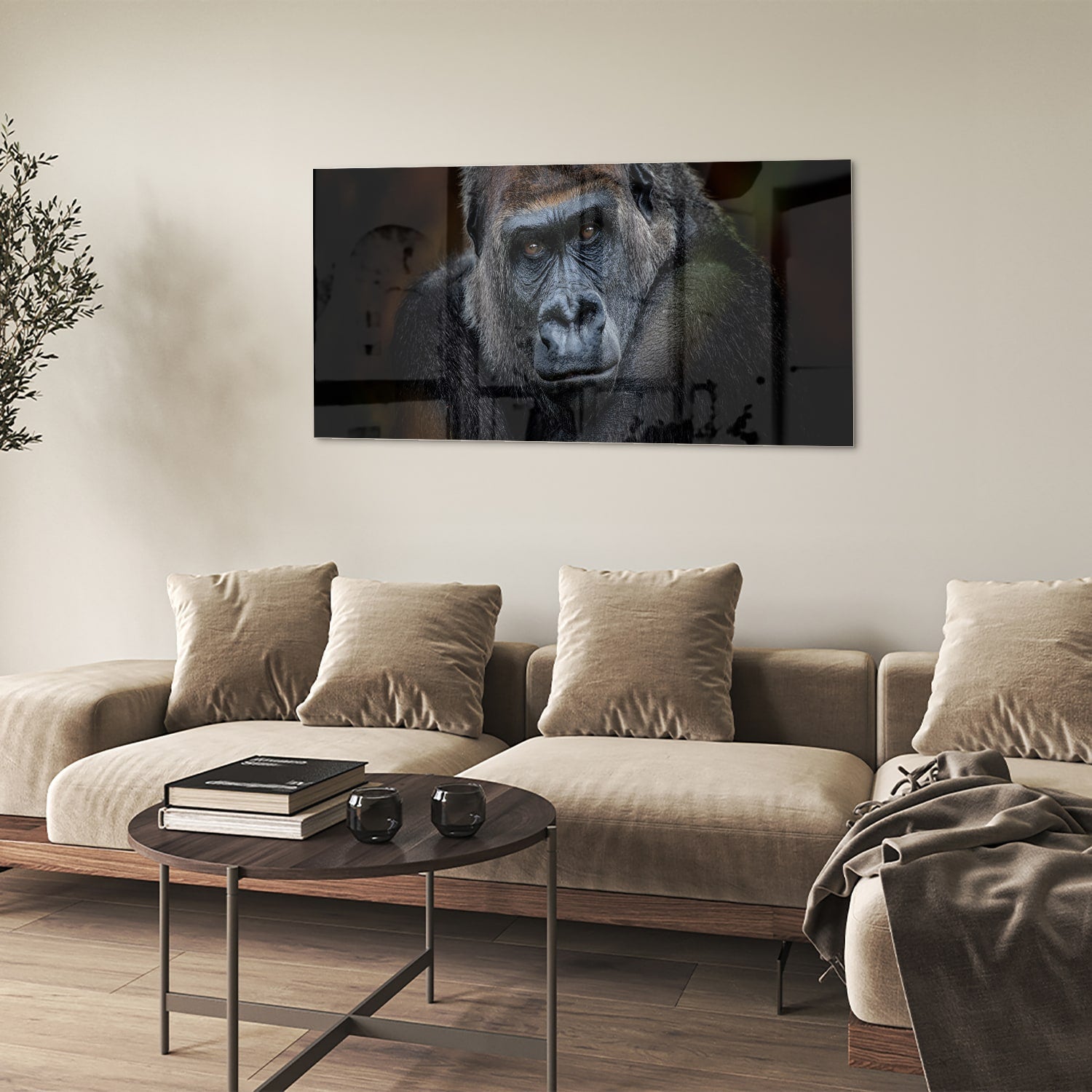 Beeindruckendes Glasbild mit einem Gorilla – Glasbild aus Sicherheitsglas, Größe 90x60
