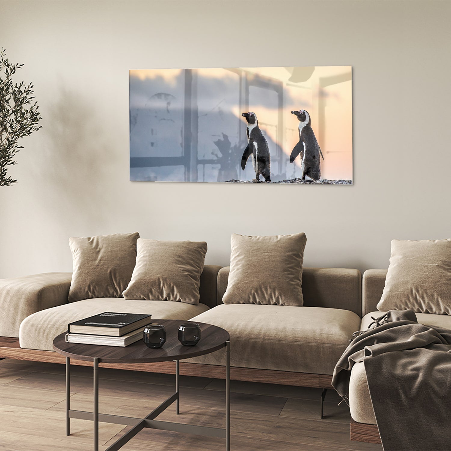 Glasbild mit Pinguinen bei Sonnenuntergang – Glasbild aus Sicherheitsglas, Größe 90x60