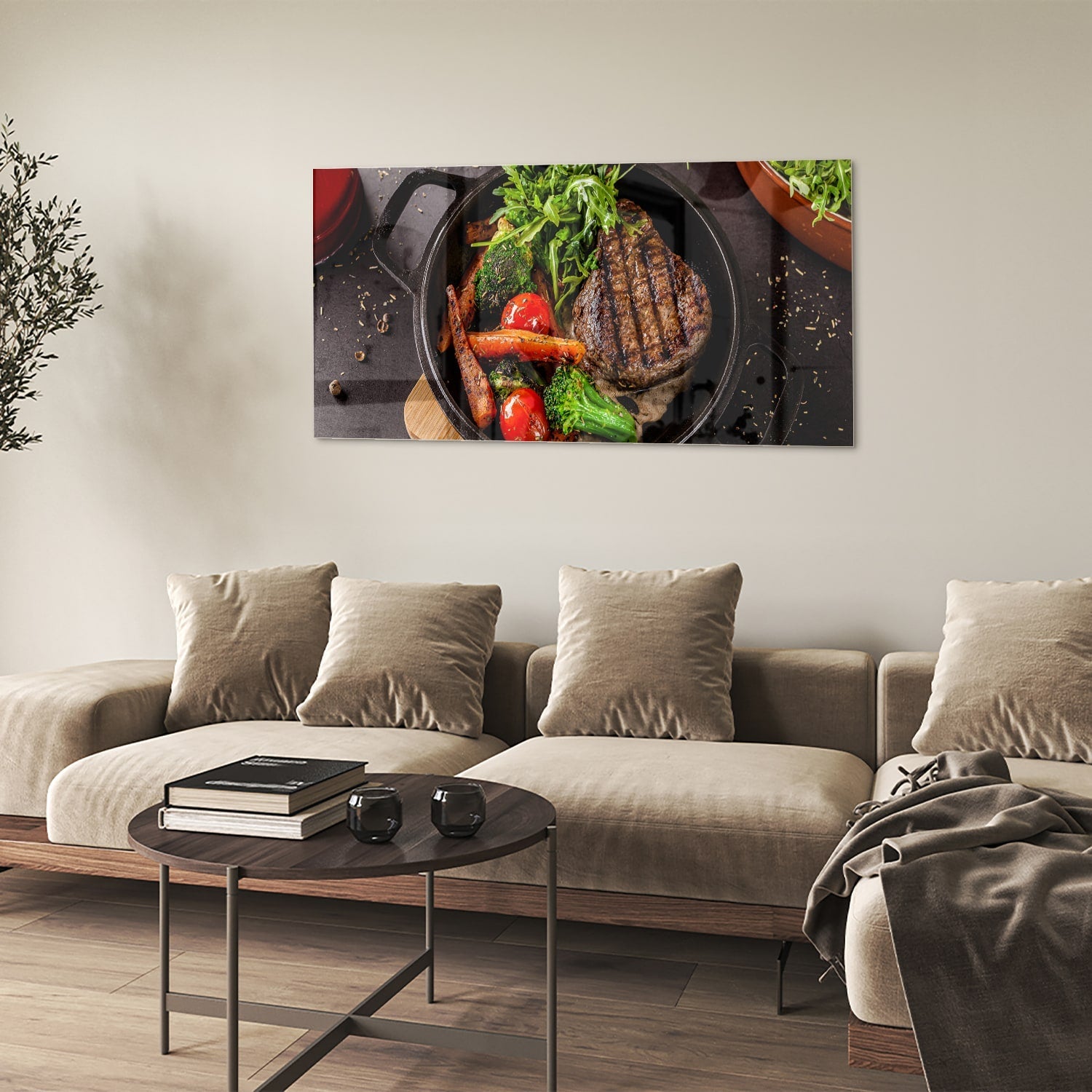 Glasbild mit köstlichen gegrillten Speisen – Glasbild aus Sicherheitsglas, Größe 90x60