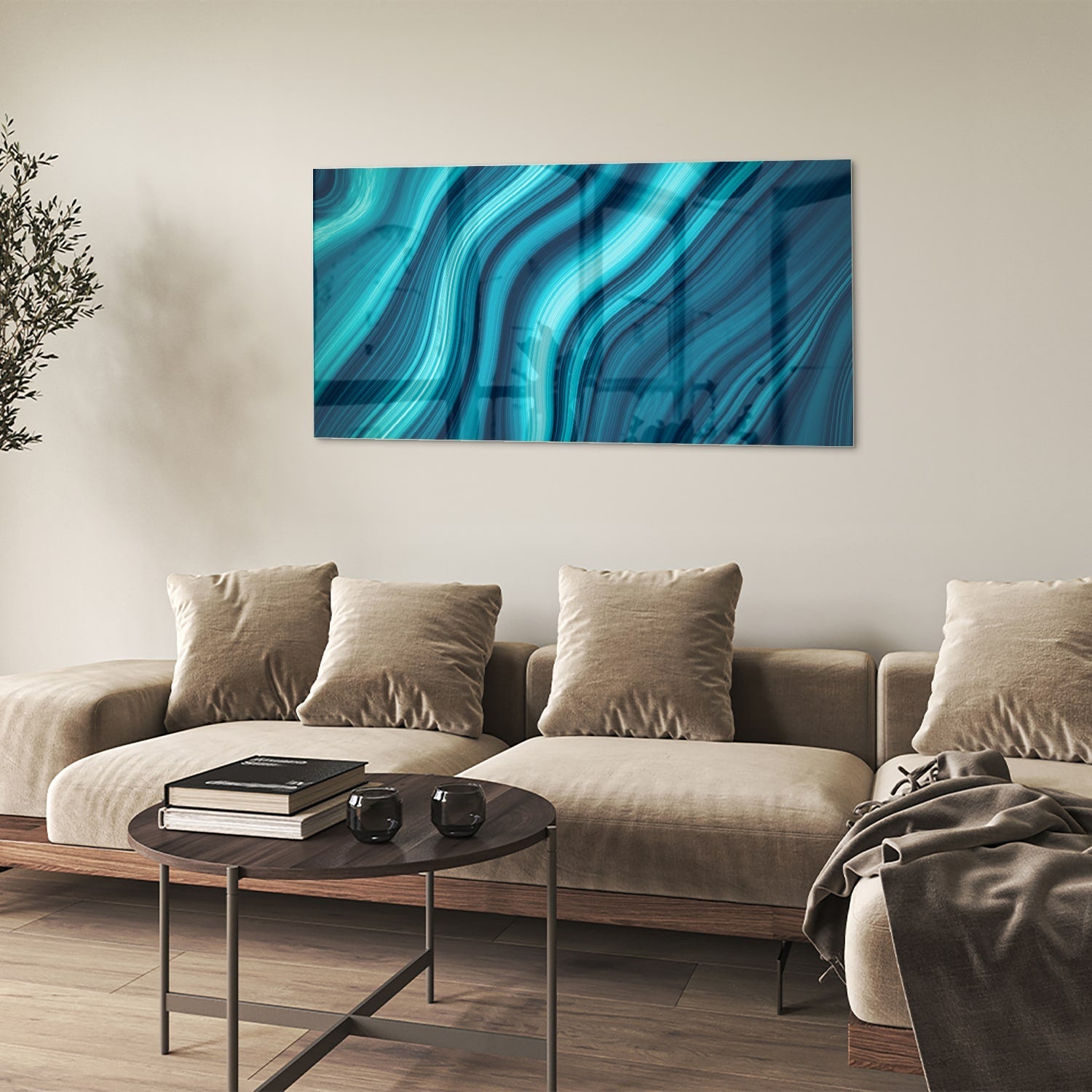 Stilvolles Glasbild mit blauen Wellen – Glasbild aus Sicherheitsglas, Größe 90x60
