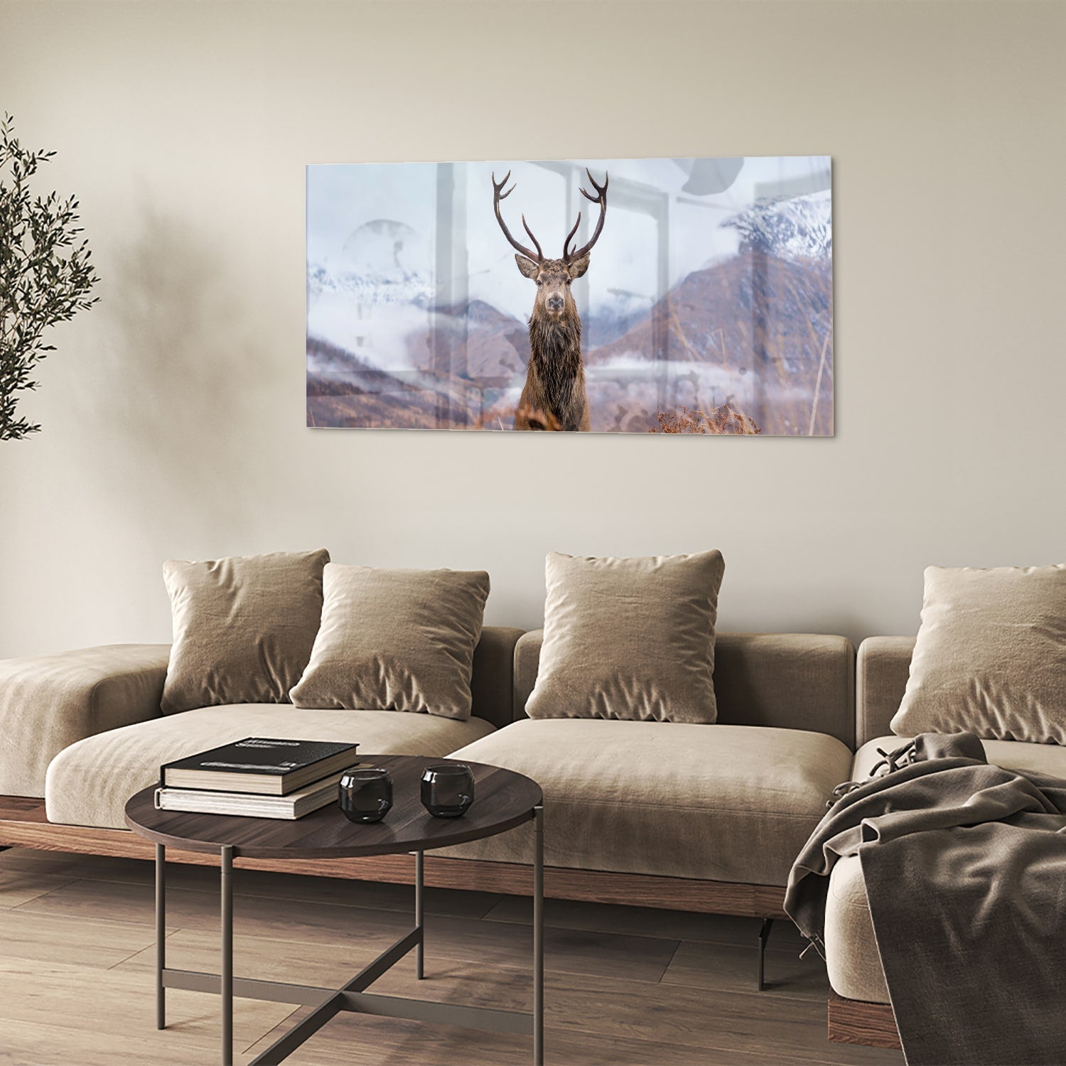Glasbild mit majestätischem Hirsch in einer ruhigen Berglandschaft – Glasbild aus Sicherheitsglas, Größe 90x60