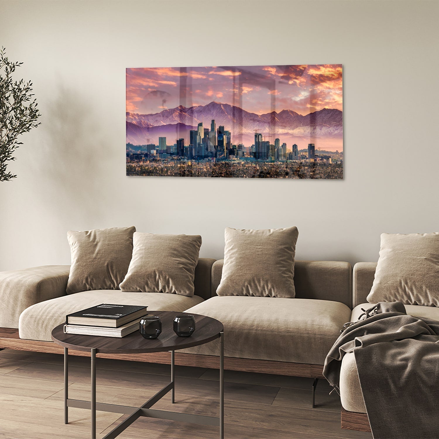 Glasbild Stadtpanorama bei Sonnenuntergang – Glasbild aus Sicherheitsglas, Größe 90x60