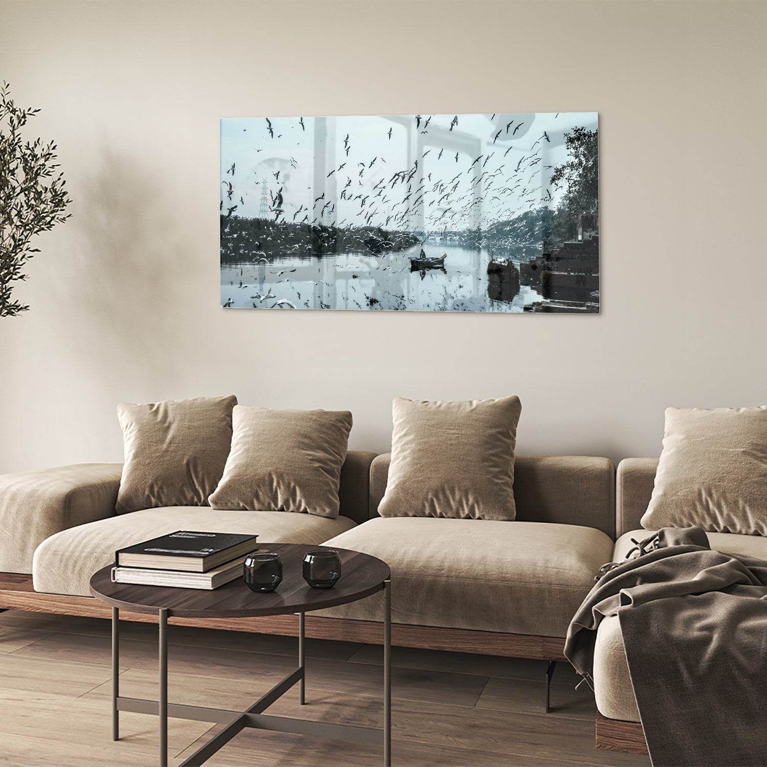 Glasbild mit Vögeln über einer ruhigen Wasserreflexion – Glasbild aus Sicherheitsglas, Größe 90x60