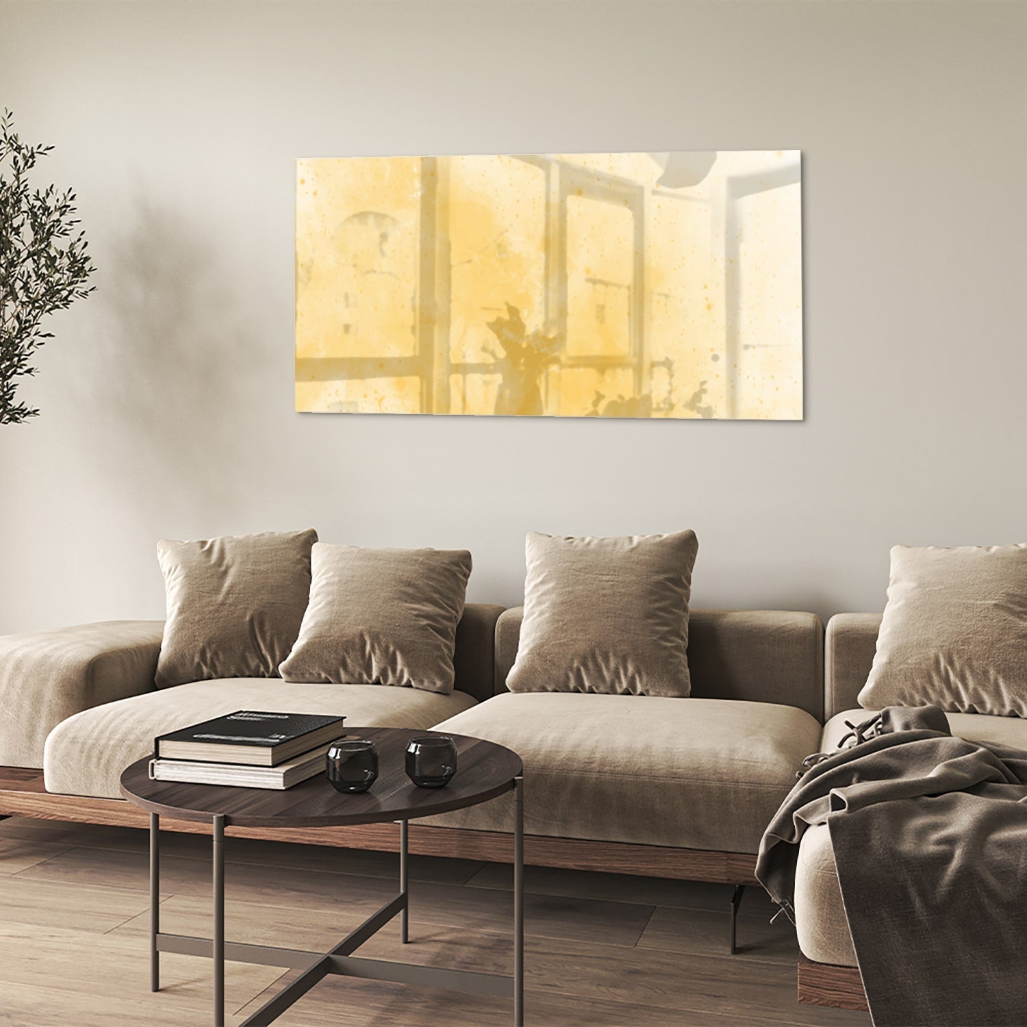 Goldenes abstraktes Glasbild für moderne Innenräume – Glasbild aus Sicherheitsglas, Größe 90x60