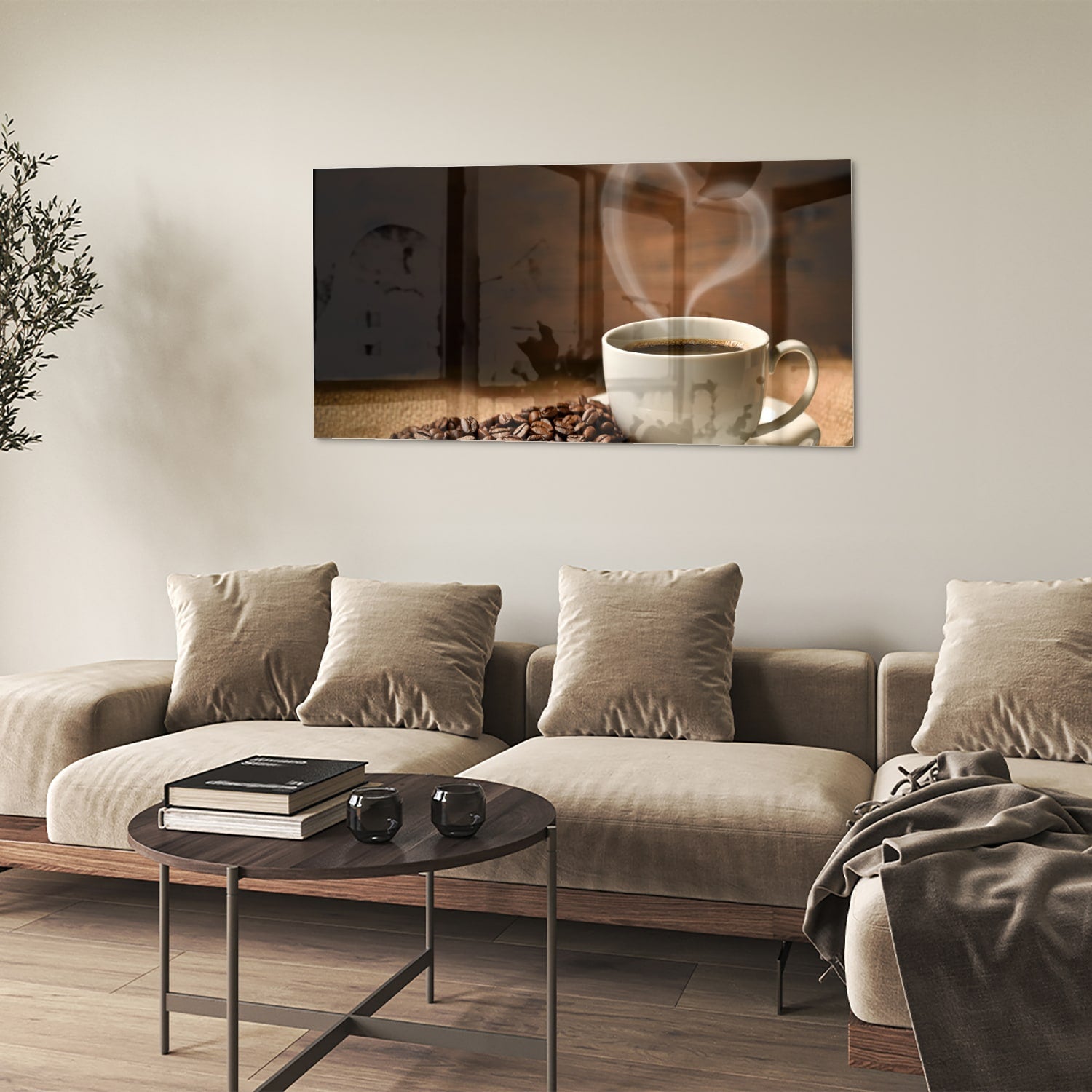 Glasbild mit Kaffee und Kaffeebohnen – Glasbild aus Sicherheitsglas, Größe 90x60