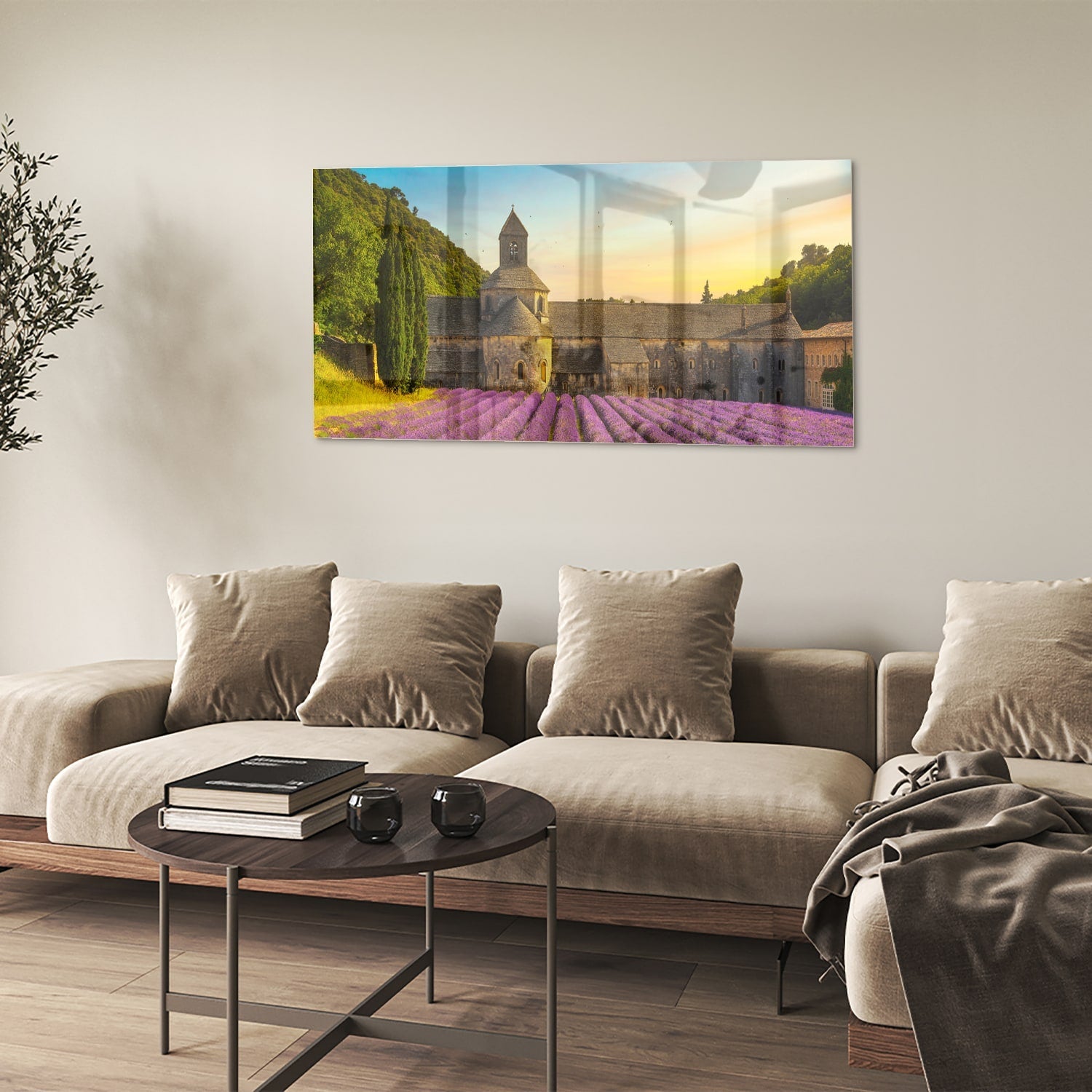 Wunderschönes Glasbild mit Lavendelfeldern – Glasbild aus Sicherheitsglas, Größe 90x60