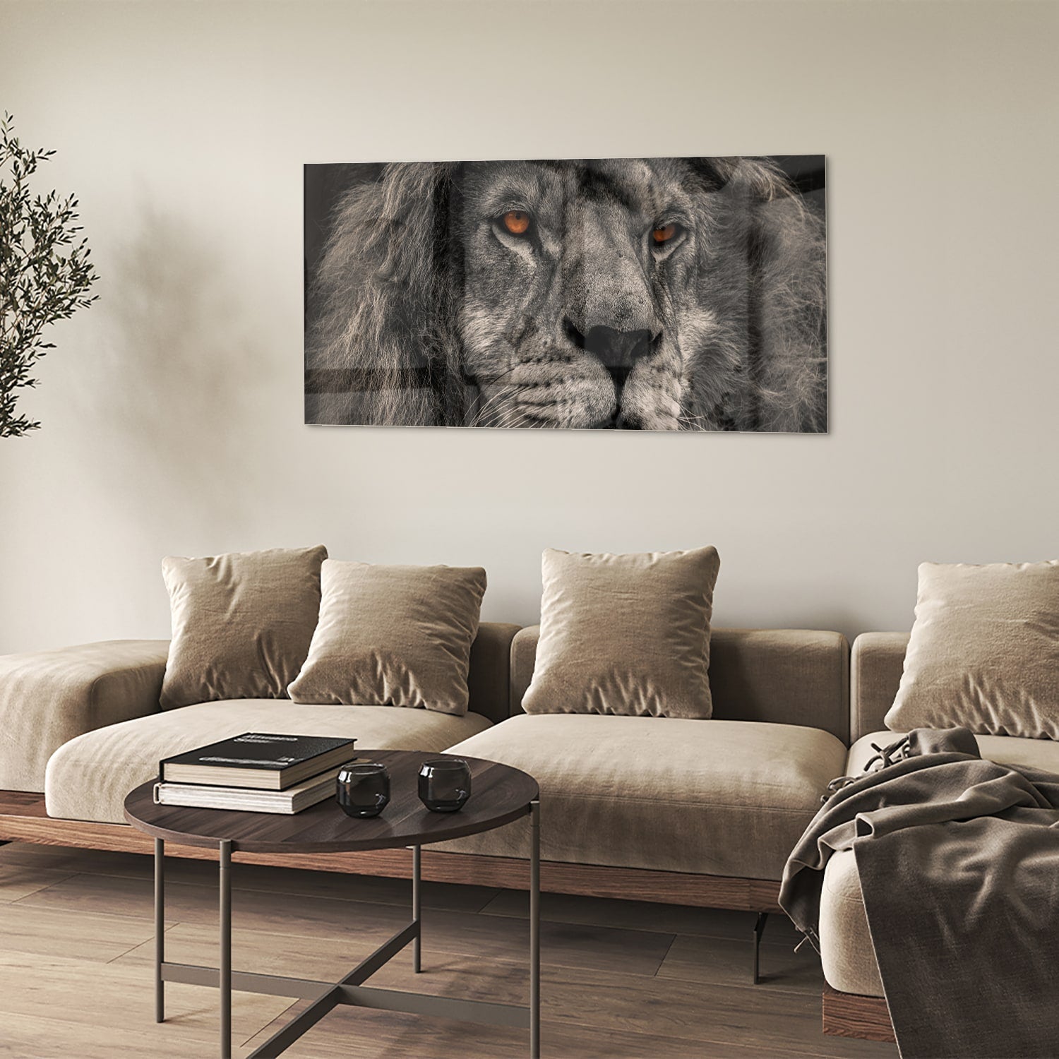 Schwarz-Weiß-Glasbild mit majestätischem Löwen – Glasbild aus Sicherheitsglas, Größe 90x60