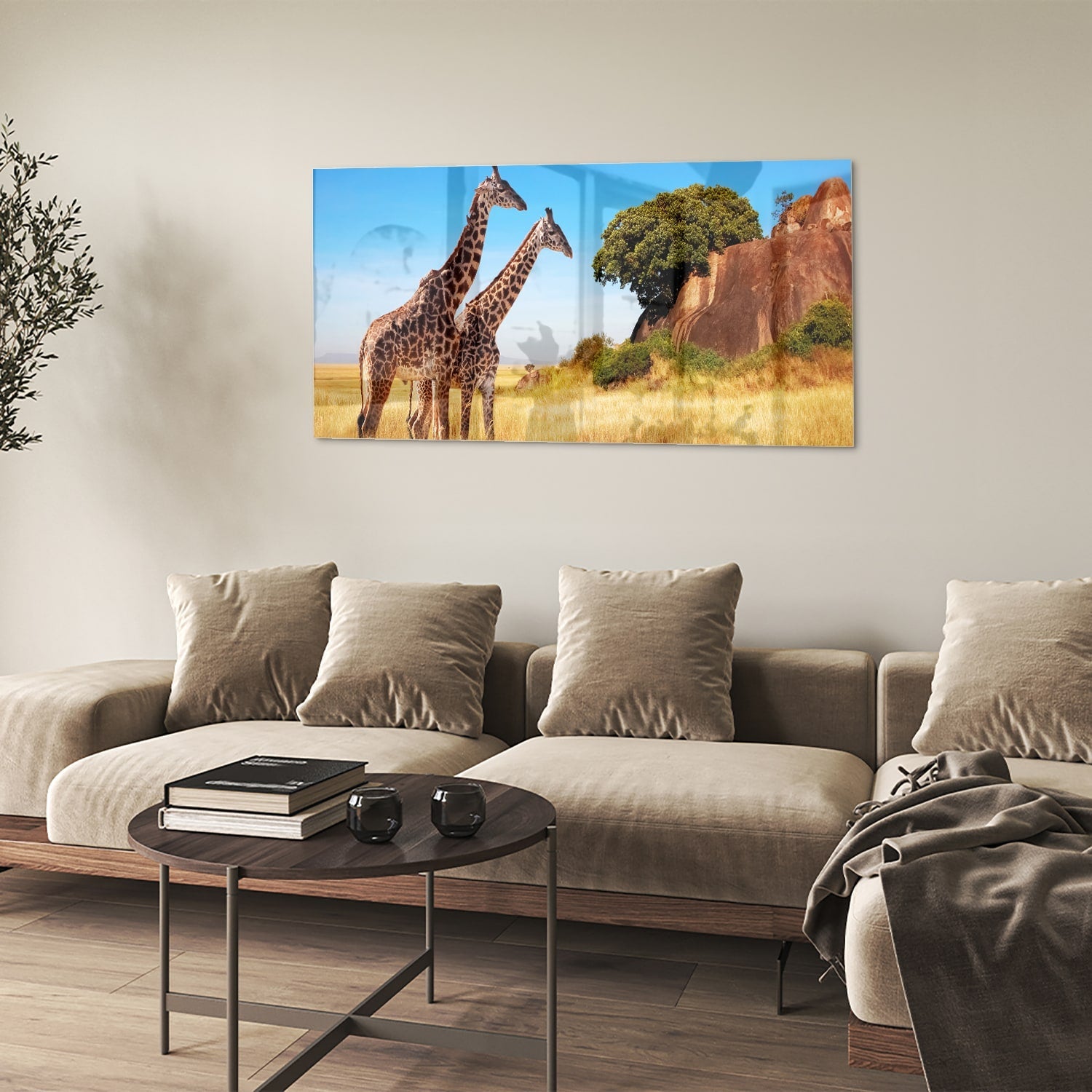 Glasbild mit zwei Giraffen in der afrikanischen Landschaft – Glasbild aus Sicherheitsglas, Größe 90x60