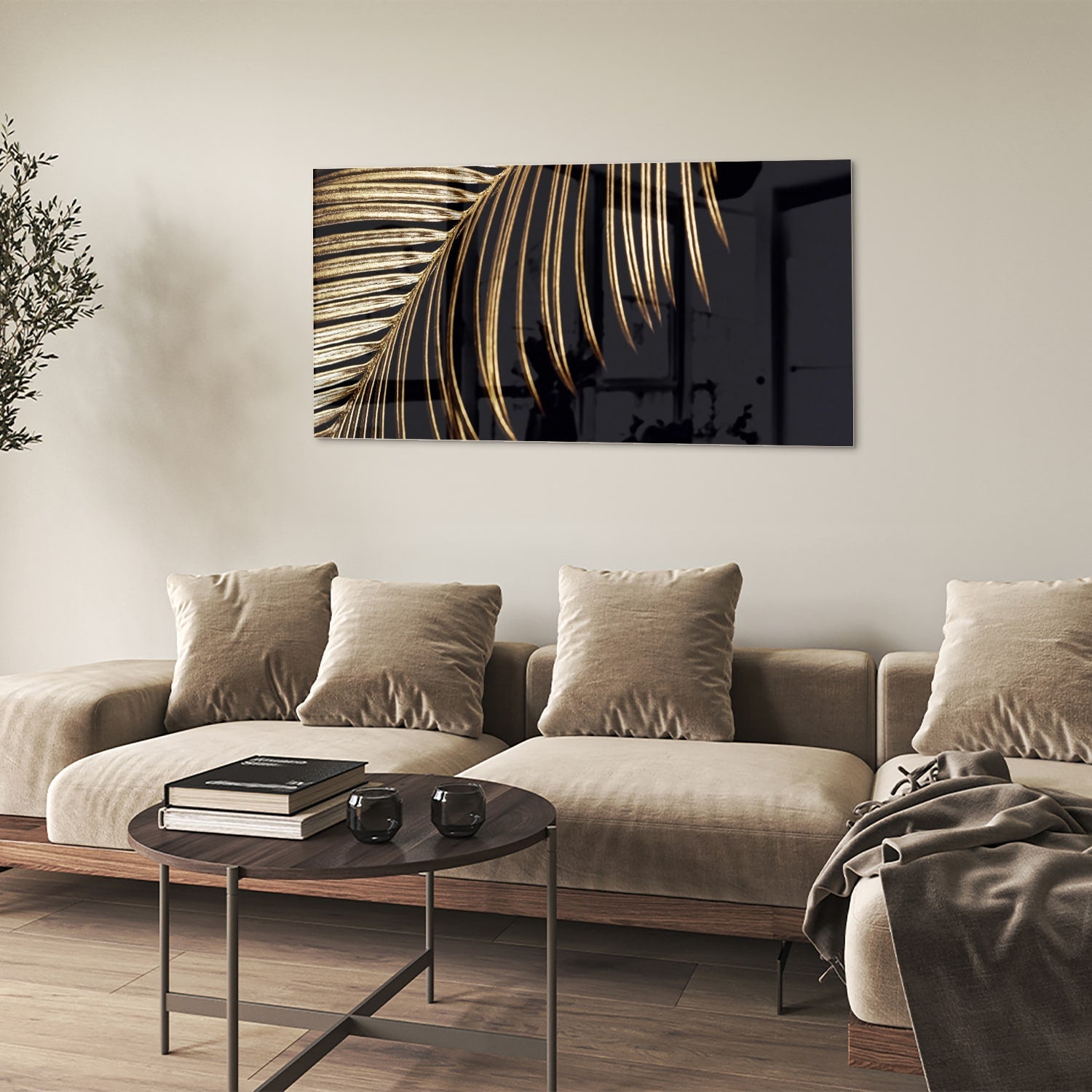 Goldfarbenes Glasbild mit Palmblatt auf schwarzem Hintergrund – Glasbild aus Sicherheitsglas, Größe 90x60
